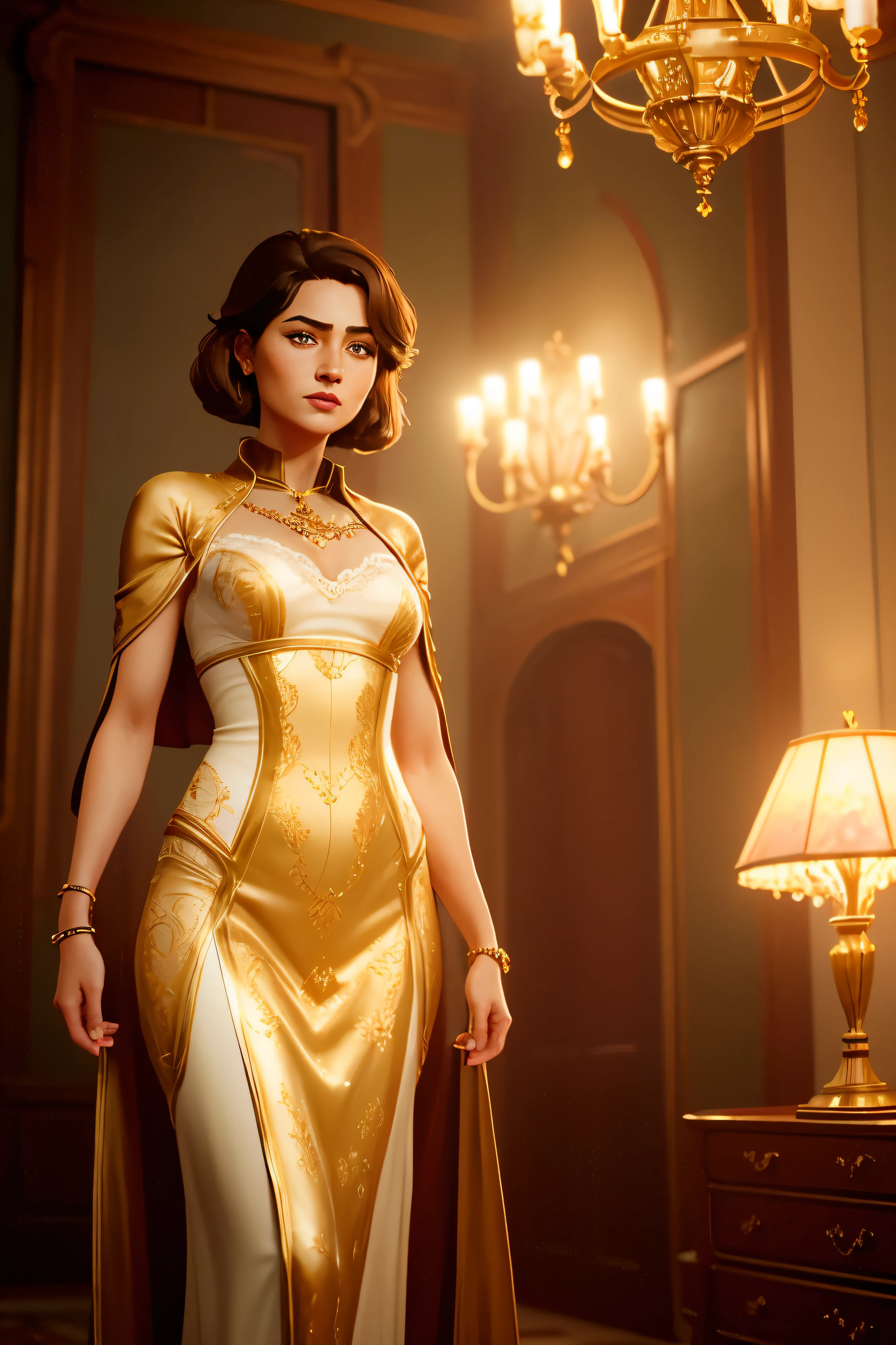 1 woman, front view, serene expression, medium length hair, chestnut brown, straight, hazel eyes, clear skin, soft makeup, golden corseted gown, embossed floral patterns, sheer golden cape, vintage ambiance, antique furniture, wood paneling, chandelier with warm lighting, terracotta tile flooring, historic estate, late afternoon, noble presence.