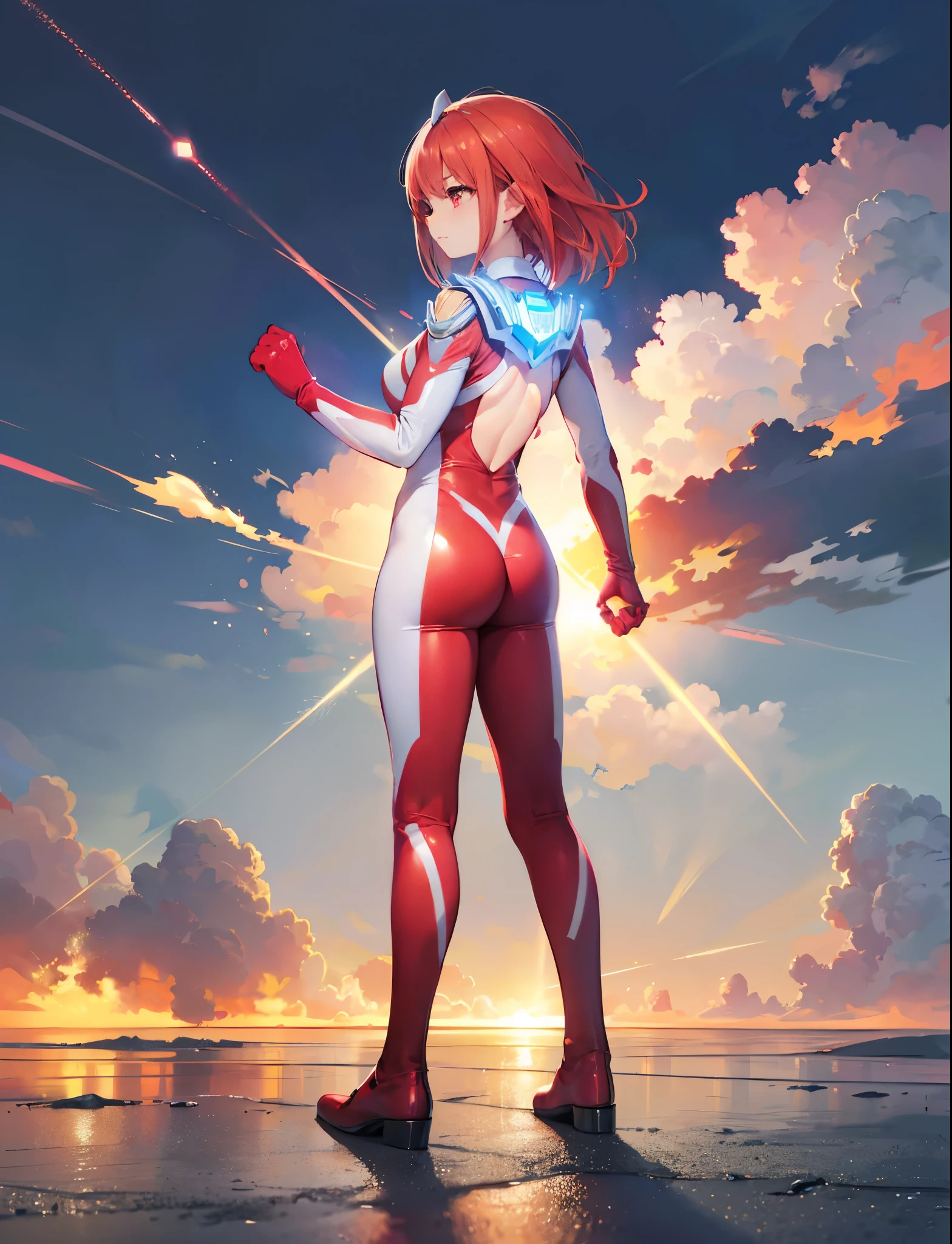 realistic,highest quality, ultra detail, High quality CG drawing, The most delicate and beautiful, Floating gently, High resolution, (1 girl), (Highest image quality,4K,8K,masterpiece:1.2),(all red hair:1.5), (medium hair:1.5),(red eyes:1.5), (ultra girl:1.0), (red ultraman bodysuit:1.4),(slightly bigger breasts:1.5),Upper body,(clenched fist:1.2),(put both hands on hips:1.2), red gloves,red shoes,(Turn your back to your audience:1.3),butt