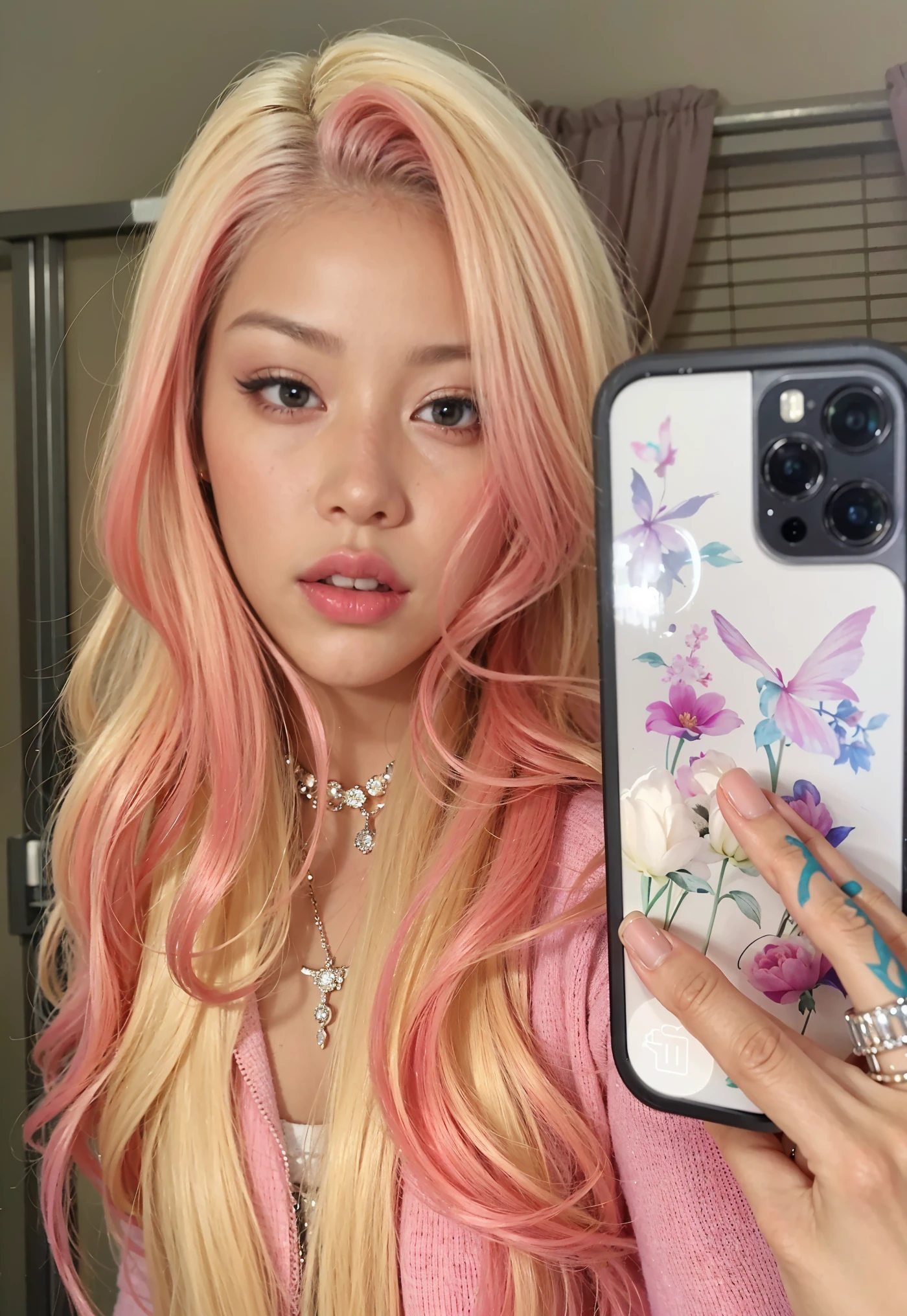 a close up of a person com cabelo rosa and a phone, cute aesthetic with vibrancy, cabelo rosa claro com chamas rosa, cabelo loiro com mechas rosa, com cabelo rosa, long flowing pink hair, beautiful aesthetic, inspired decor, vibrant aesthetic, highly aesthetic, tom de pele rosa pastel, very aesthetic!!!!!!, and 2k aesthetic, y2k aesthetic