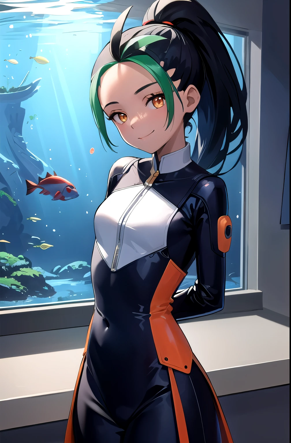 (masterpiece, best quality, detailed), 1girl, solo, nemona, long hair, orange eyes, ponytail, looking at viewer, 
neotech, sleek, indoors, aquarium, fish, bubble, scenery, blue theme, arms behind back, smile, closed mouth, head tilt