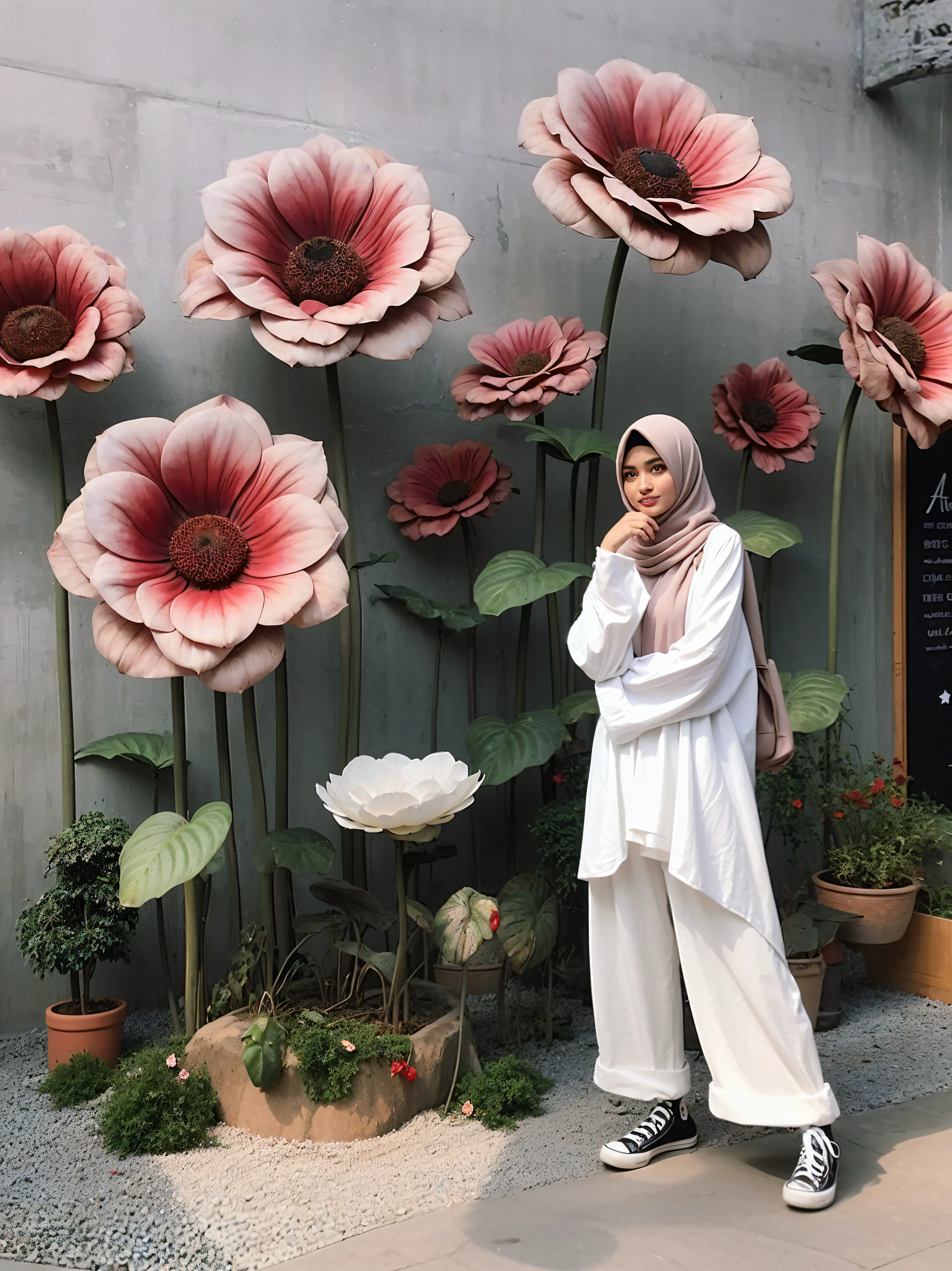 there is a woman standing in front of a display of flowers, white hijab, hijab, with flowers, in garden, 👁🌹👾, inspired by Naza, ☁🌪🌙👩🏾, flowers in background, taken in 2 0 2 0, inspired by Fathi Hassan, aesthetic!!, in pastel colors, an aesthetic!, smooth in _ the background