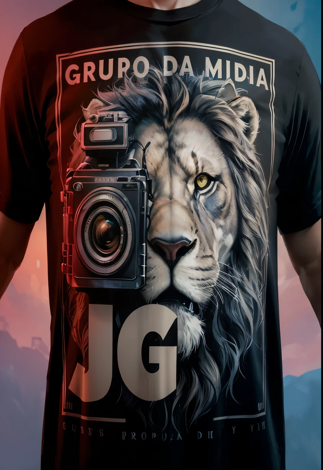 blurred image of a man with a camera and a lion on a t-shirt, tdesenho de camisa, mixed media, por Joze Ciuha, t-desenho de camisa, t - desenho de camisa, desenho de camisa, t desenho de camisa, jsc, por Jorge Jacinto, estilo de Jordan Grimmer, imagem oficial do produto, melhor em estoque da Adobe, graphic t-shirts