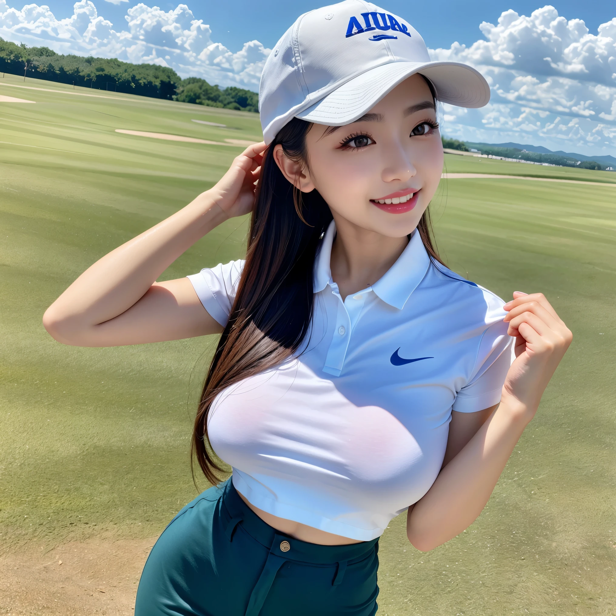 (highest quality、masterpiece、8K、Highest image quality、Award-winning work)、(1 woman:1.1)、(solo:1.1)、(perfect authentic golf wear:1.1)、(Beautiful gradation golf wear with a stylish design:1.1)、(shorts:1.1)、 (golf cap:1.1)、(perfect long ponytail:1.1)、(very big breasts:1.2)、(emphasize body line:1.1)、(standing elegantly:1.1)、(accurate anatomy:1.1)、the best smile when you look at me、The most natural and perfect golf course、clear beautiful sky、beautiful thunder clouds、beautiful real lawn、(very bright and vivid:1.3)、(Strongly blurred background:1.1)、upper body photo、very bright、perfect makeup、long eyelashes、bright lipstick、glossy lips、Super high-definition glossy skin、(Super high-definition bright and beautiful skin:1.4)、超高精細のglossy lips、Super high definition beautiful teeth