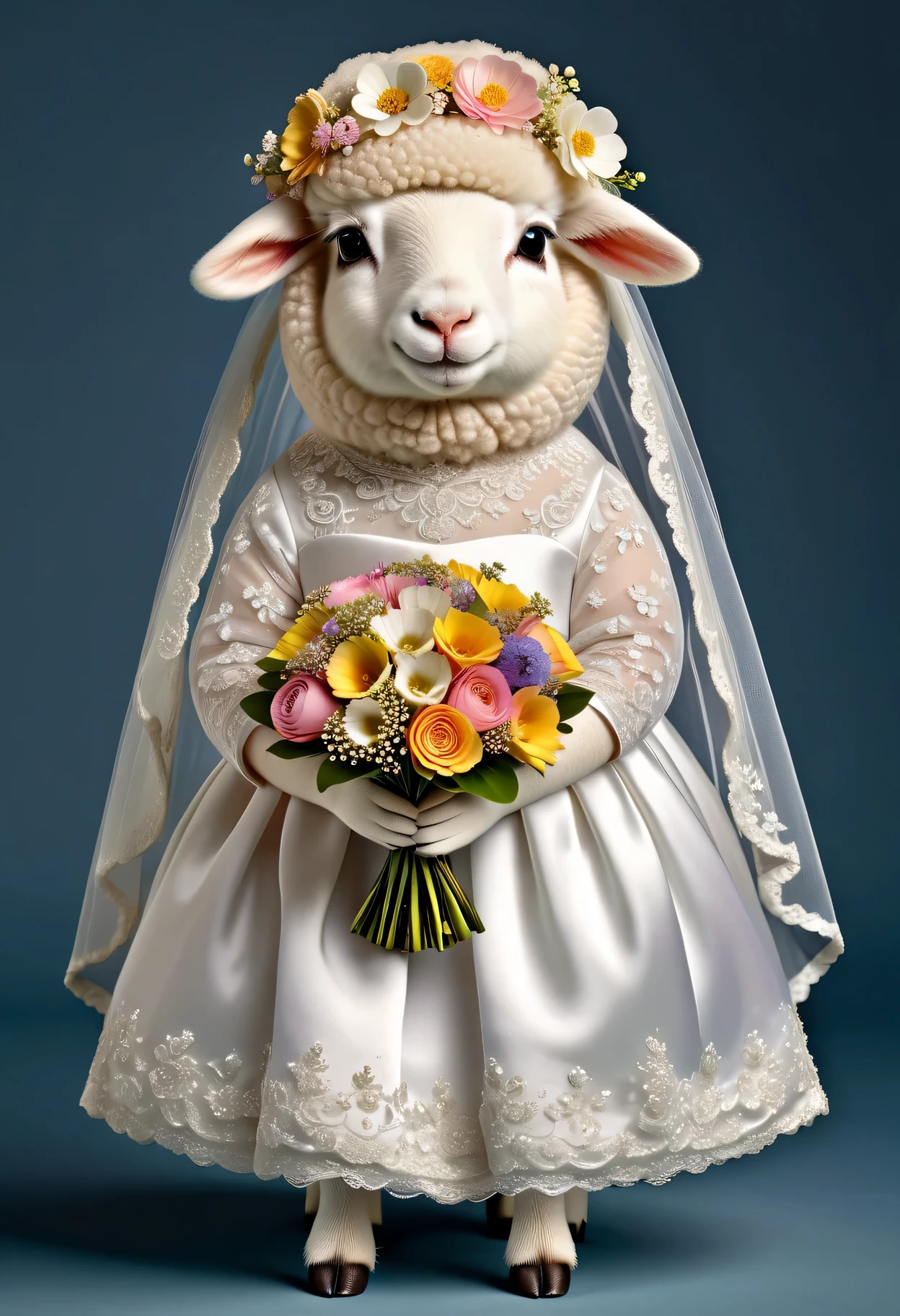 photorealistic portrait of Dressed animals - a ((fat)) cute sheep,(elegant pose:1.2 ),, high quality,(lovely) ,intricate details, highly detailed (( wedding dress)) ,wearing highly detailed veil, highly detailed decorations ,holding flower bouquet, (happy), studio lighting,(full body image from head to toe:1.5)