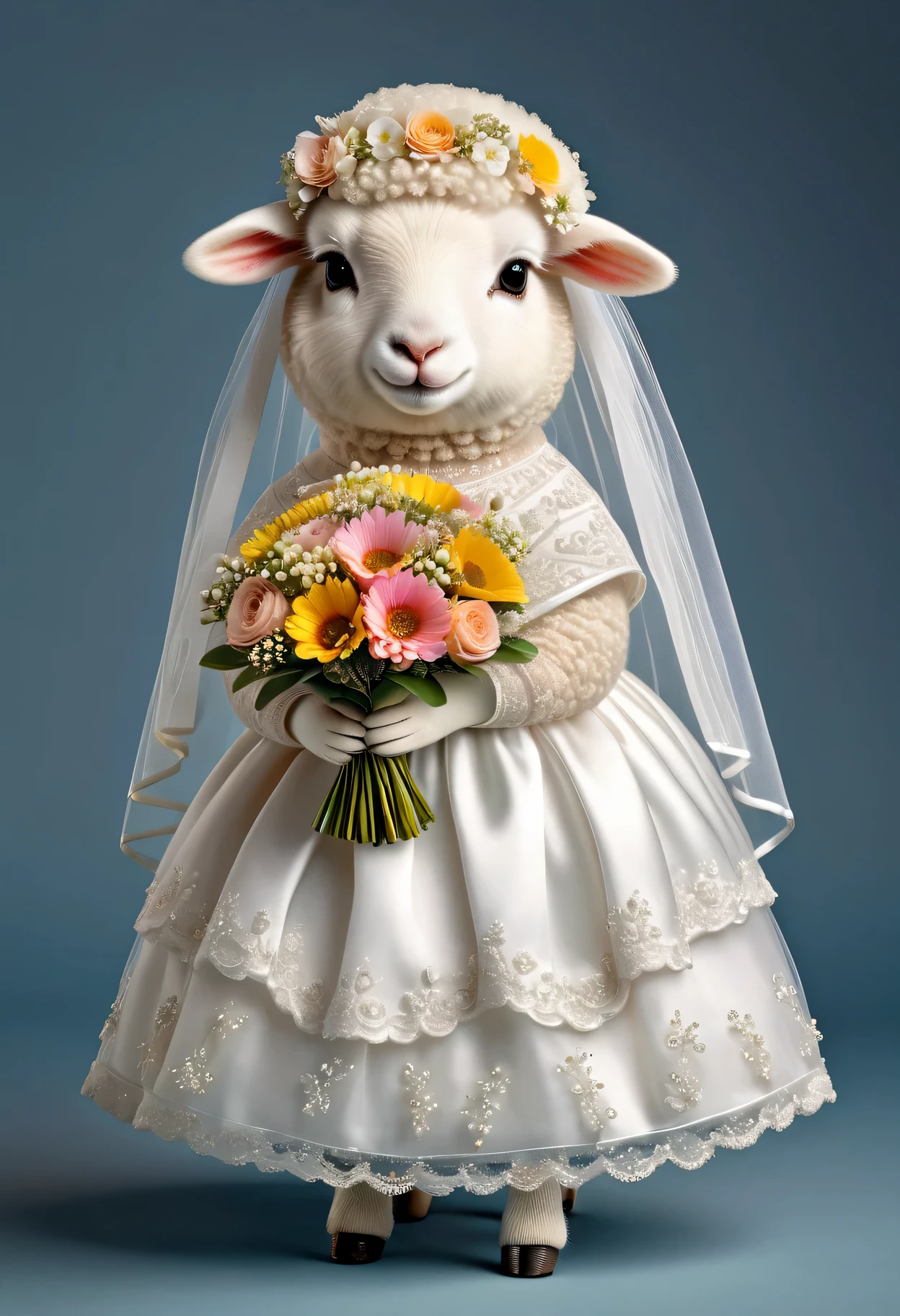 photorealistic portrait of Dressed animals - a ((fat)) cute sheep,(elegant pose:1.2 ),, high quality,(lovely) ,intricate details, highly detailed (( wedding dress)) ,wearing highly detailed veil, highly detailed decorations ,holding flower bouquet, (happy), studio lighting,(full body image from head to toe:1.5)