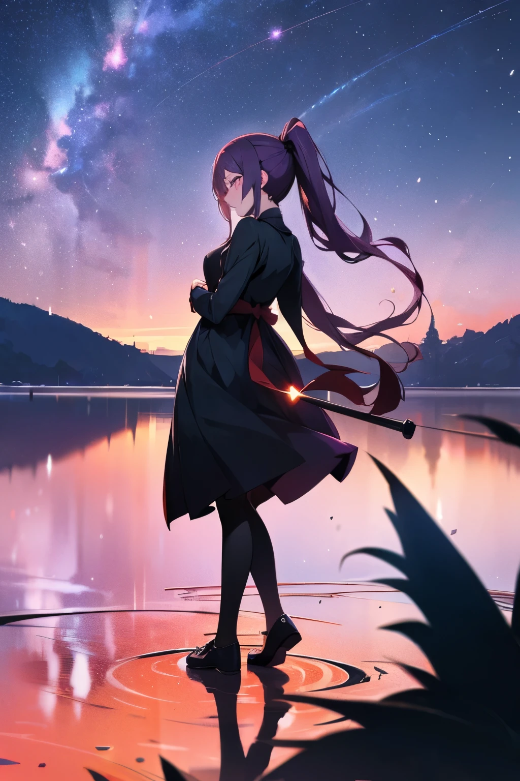 shalltear bloodfallen, shalltearcostume, ponytail, outdoors, (night, starry sky:1.2), masterpiece, arms behind back, best quality, 1girl, full body, closed mouth, lake, reflection, outdoors, official wallpaper