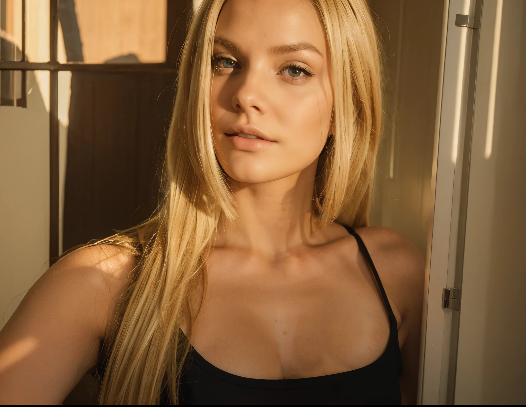 Make blonde Amanda in this same pose wearing an identical outfit in an identical setting, cabelo loiro