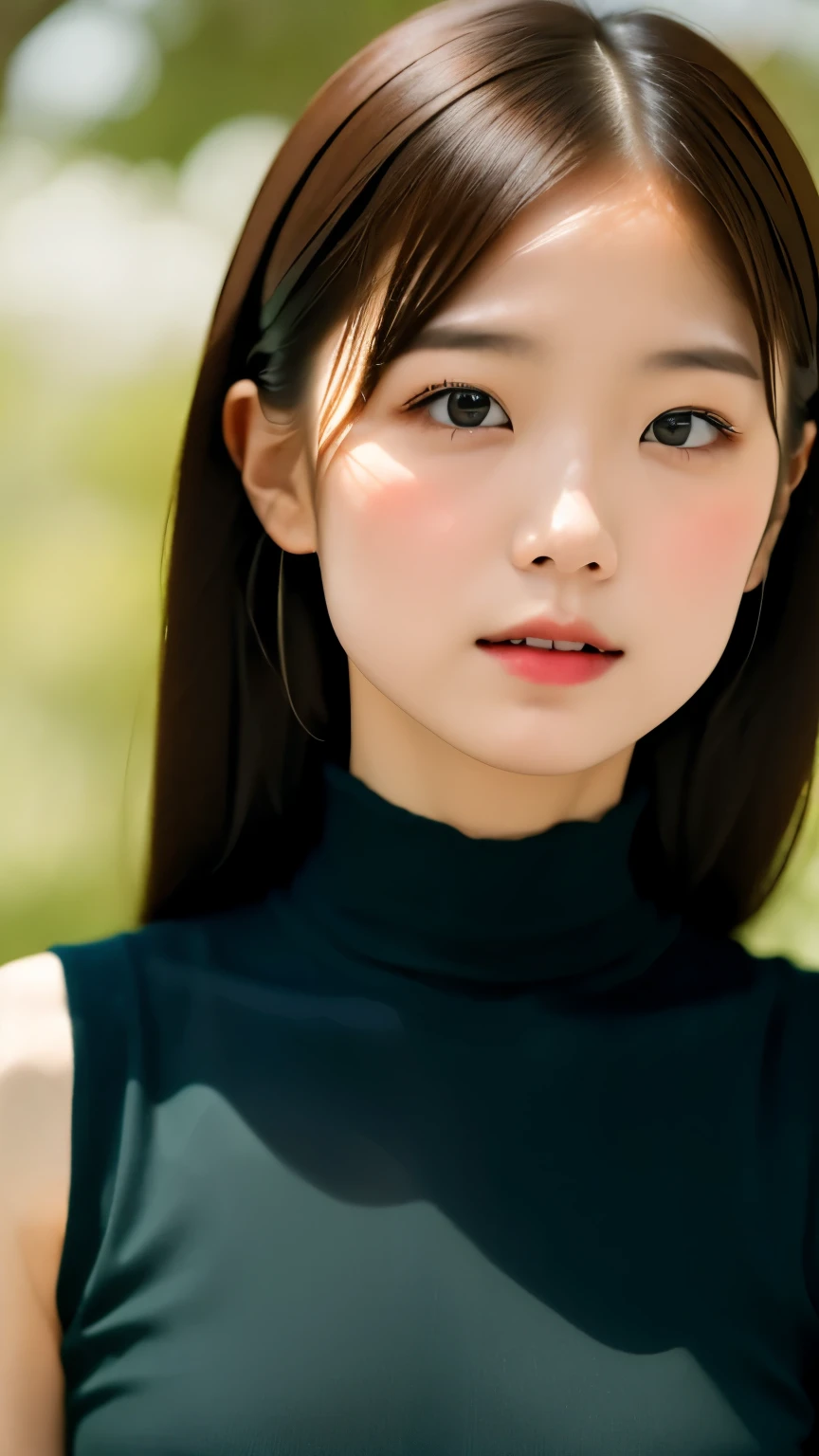 one woman、(UHD, retina, masterpiece, Accurate, anatomicaly_correct, textured_skin, wonderful_be familiar with, expensive_be familiar withs, expensive_quality, Highest_quality, expensive_response, 1080p, hd, 4k, 8K, 16k), (beautiful_be familiar withed_eyes, beautiful_be familiar withed_lips, very_be familiar withed_eyes_and_face), soft_lit, physics based_rendering, wonderful_color, (big_chest:1.5), (shiny_hair, shiny_skin, sunburned_skin, blush), (前hair:1.5), eye_reflection, (Bokeh), 笑face_and_笑face, (sleeveless_turtleneck_knit:1.5), from below,