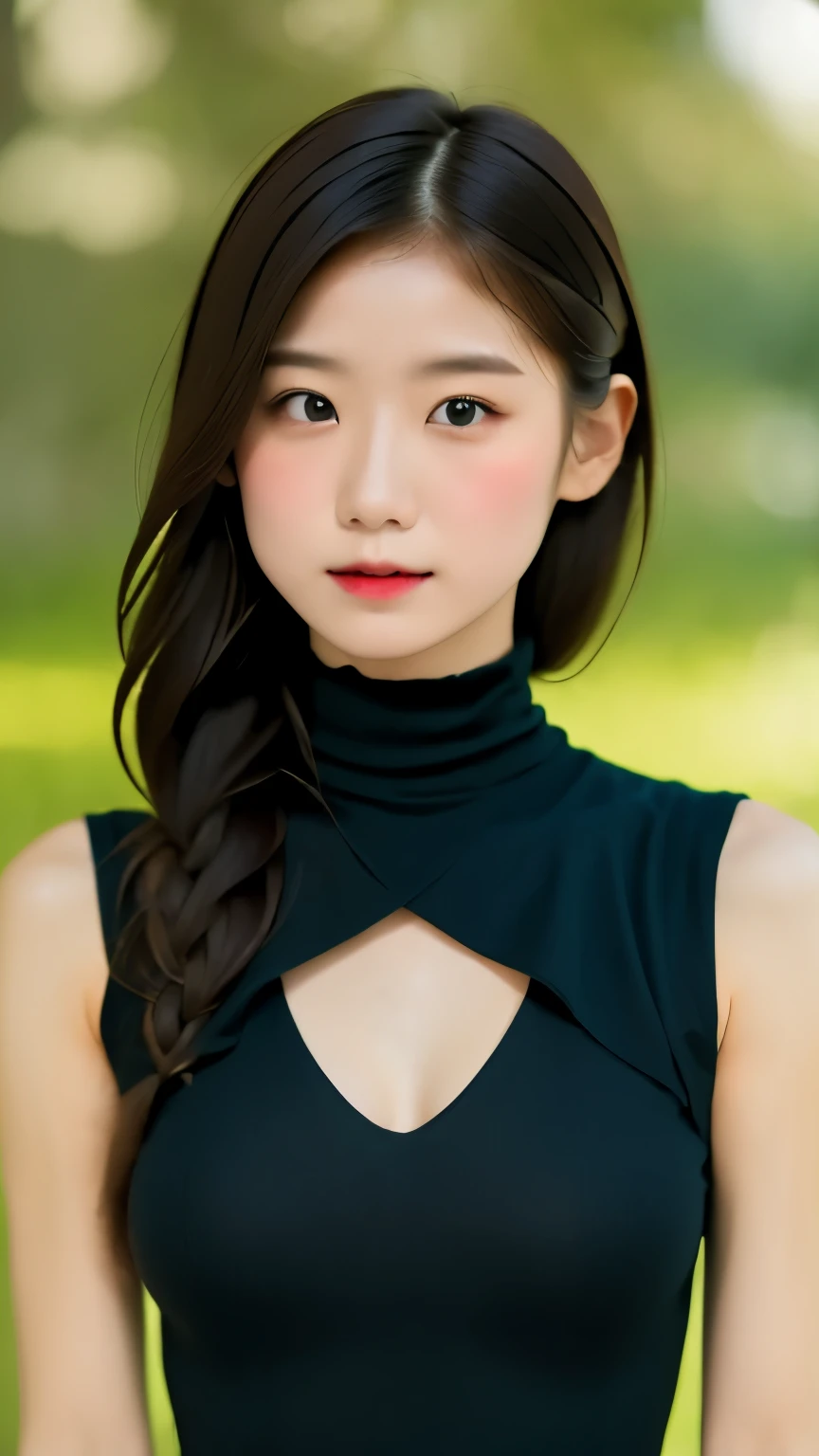 one woman、(UHD, retina, masterpiece, Accurate, anatomicaly_correct, textured_skin, wonderful_be familiar with, expensive_be familiar withs, expensive_quality, Highest_quality, expensive_response, 1080p, hd, 4k, 8K, 16k), (beautiful_be familiar withed_eyes, beautiful_be familiar withed_lips, very_be familiar withed_eyes_and_face), soft_lit, physics based_rendering, wonderful_color, (big_chest:1.5), (shiny_hair, shiny_skin, sunburned_skin, blush), (前hair:1.5), eye_reflection, (Bokeh), 笑face_and_笑face, (sleeveless_turtleneck_knit:1.5), from below,