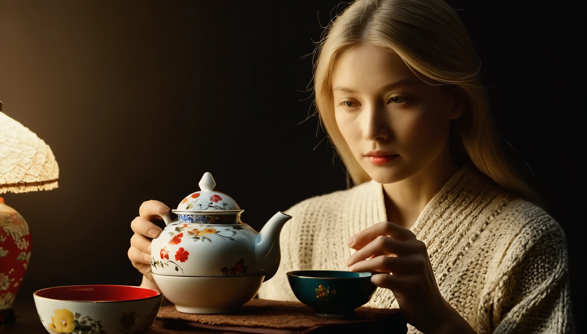 cinematic photo style by Jeanloup Sieff, Beautiful face, Perfect Hand Anatomy, 1 girl 14 years old with long hair along with a woman 50 years old with short blond hair, (japanese knitted toys), Japanese bowls and teapot, books, the sun falls on the characters, evening, studio lighting, film, bokeh, professional, professional photo, 8k, highly detailed,