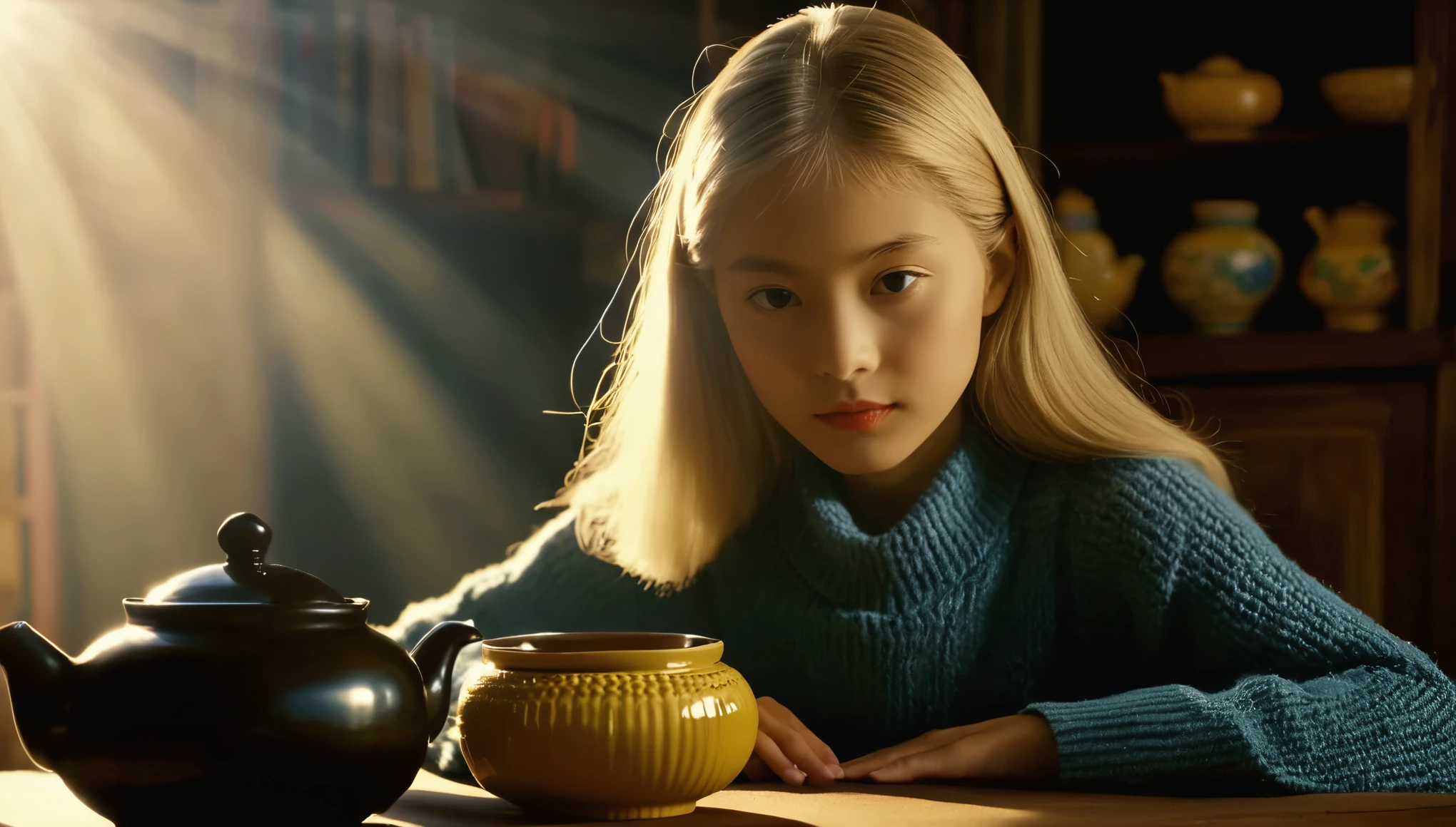 cinematic photo style by Jeanloup Sieff, Beautiful face, 1 girl  with long hair along with a woman 50 years old with short blond hair, knitted Japanese toys, Japanese bowls and teapot, books, the sun falls on the characters, evening, studio lighting, film, bokeh, professional, professional photo, 8k, highly detailed,