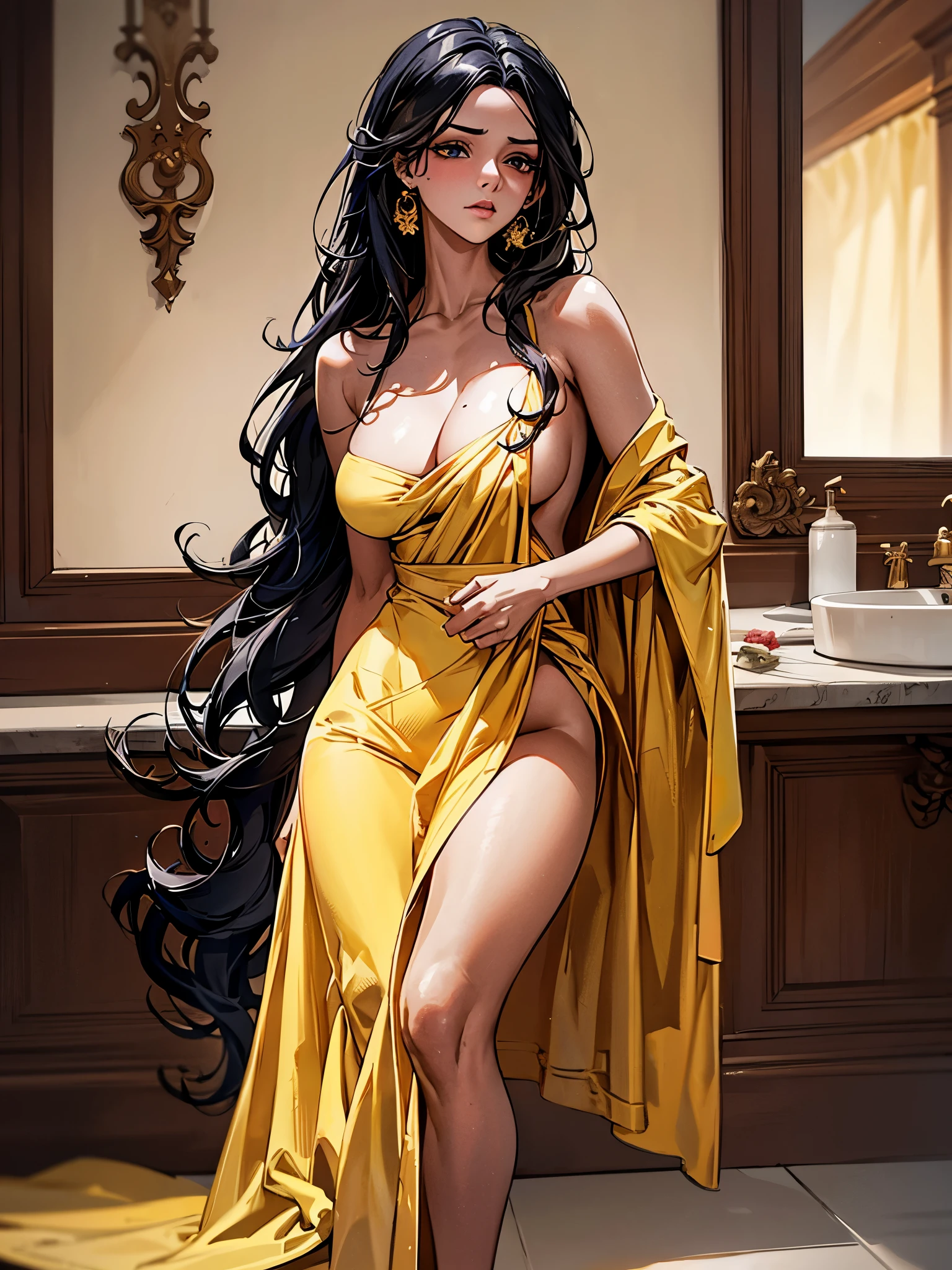 Different mood srilankan woman with very long hair, showing clevage, clutched in deep yellow towel, wide angle in a red vintage bathroom, perfect anatomy, illustrative, painterly, detailed, UHD drawing, pen and ink, perfect composition, beautiful detailed intricate insanely detailed octane render trending on artstation, 8k artistic photography, photorealistic concept art, soft natural