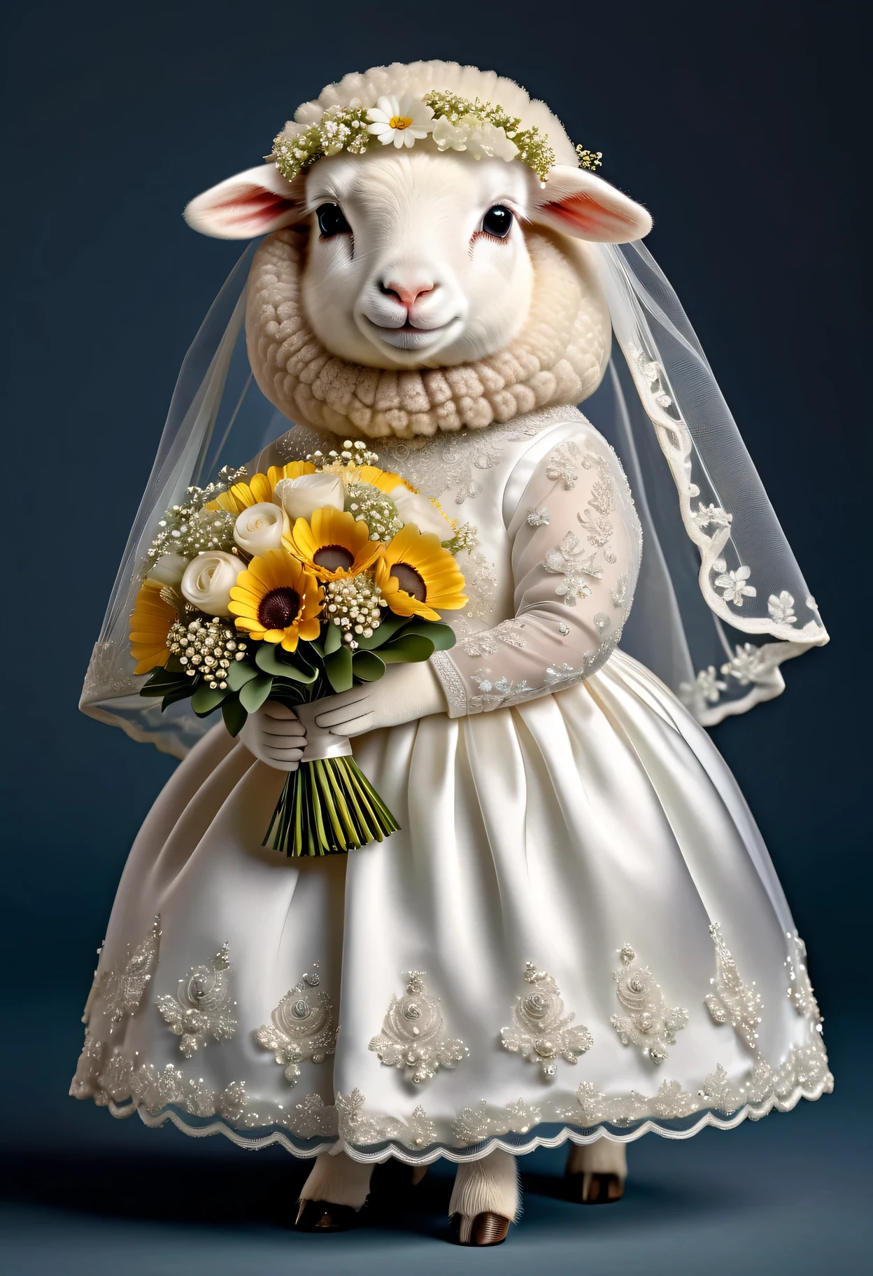 photorealistic portrait of Dressed animals - a ((fat)) cute sheep,(elegant pose:1.2 ),(from side:1.5), high quality,(lovely) ,intricate details, highly detailed (( wedding dress)) ,wearing highly detailed veil, highly detailed decorations ,holding flower bouquet, (happy), studio lighting,(full body image from head to toe:1.5)