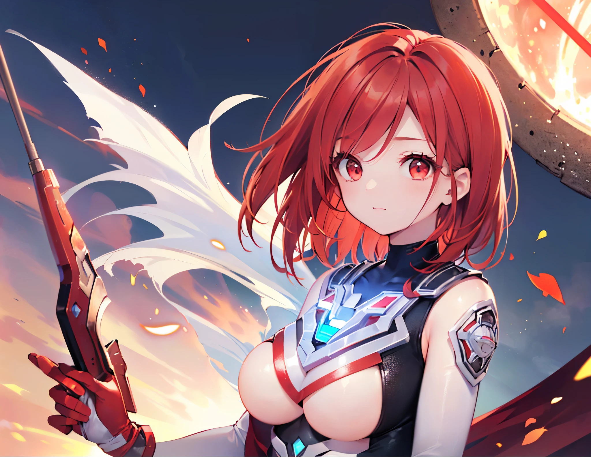 realistic,highest quality, ultra detail, High quality CG drawing, The most delicate and beautiful, Floating gently, High resolution, (1 girl), (Highest image quality,4K,8K,masterpiece:1.2),(all red hair:1.5), (medium hair:1.5),(red eyes:1.5), (ultra girl:1.0), (red ultraman bodysuit:1.4),(slightly bigger breasts:1.5),Upper body, red gloves,red shoes,