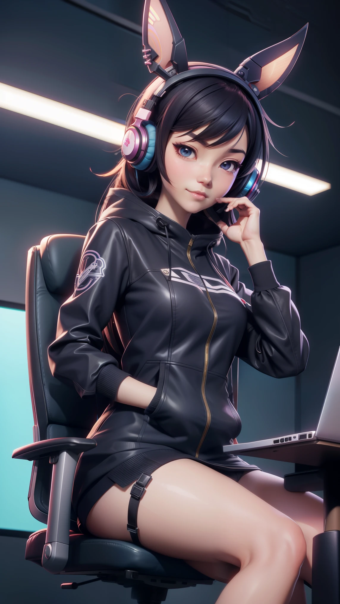 anime girl with headphones sitting in a chair with a laptop, ross tran. scenic background, artwork in the style of guweiz, seductive anime girl, guweiz, extremely detailed artgerm, bunny ears, ross tran style, ilya kuvshinov. 4 k, cyberpunk anime art, best anime 4k konachan wallpaper, anime cyberpunk art, inspired by Ross Tran