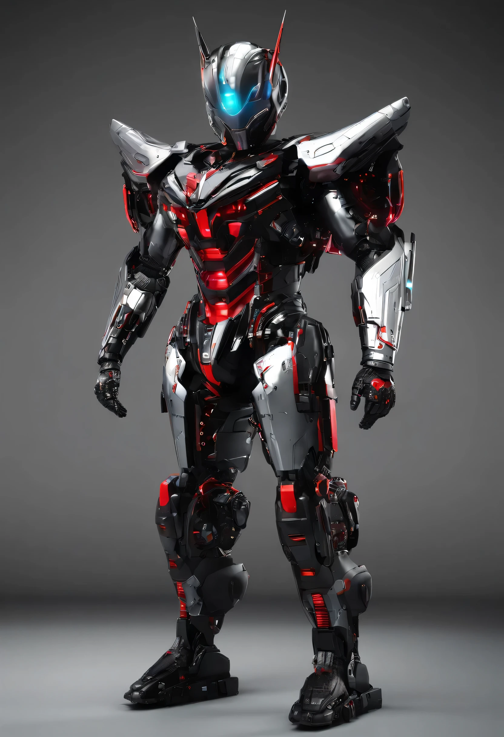 Kamen Rider , SF, Front view, sense of technology, c4d, OC renderer, unreal engine, high detail, Industrial Design, 8k HD, studio light, Full Body Armor、transformation suit、Red and black and silver、reinforced form