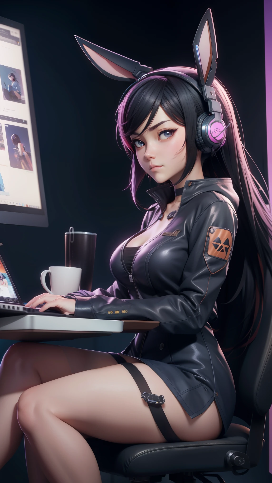 anime girl with headphones sitting in a chair with a laptop, ross tran. scenic background, artwork in the style of guweiz, seductive anime girl, guweiz, extremely detailed artgerm, bunny ears, ross tran style, ilya kuvshinov. 4 k, cyberpunk anime art, best anime 4k konachan wallpaper, anime cyberpunk art, inspired by Ross Tran