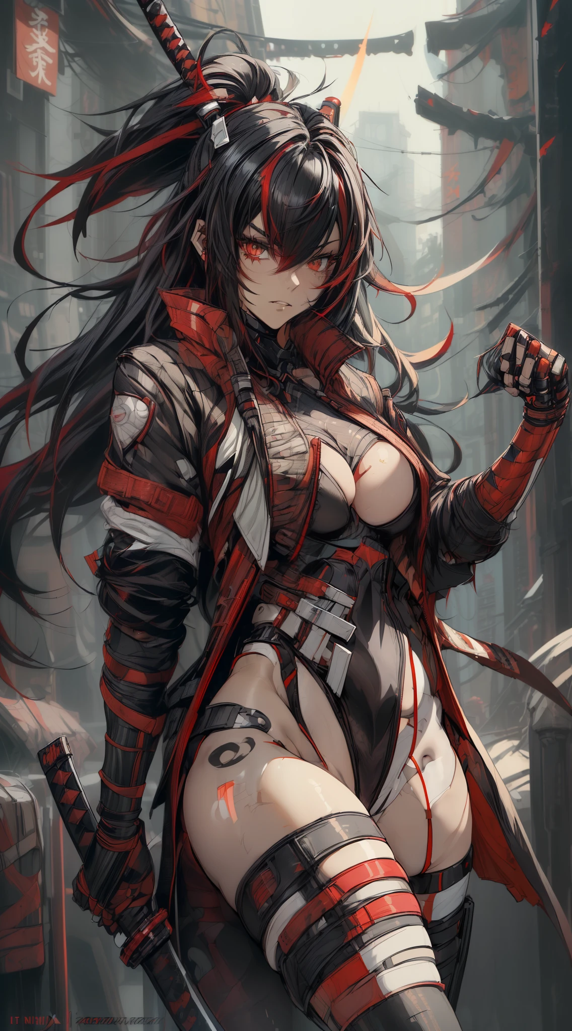 ((best quality:1.3), (high detail:1.2), masterpiece, anime)) (solo) ((black hair:1.8), (hair with red and white highlights:1.7), (very long hair)), ((heterochromia_eyes_red_and_grey:1.4)), thick thighs, huge breasts, muscular, athletic, ((cyborg body:1.3), (Cyborg arms:1.4), (Cyborg legs:1.4)), ((highcut leotard:1.8), one-piece, (red_black_outift:1.3,) cleavage), (Ninja-style Jacket:1.6), (headgear, horn-like devices:1.1), toned body, 1 woman, (age 26), ((holding sword:1.6, katana, glowing)), beautiful, sexy, first rate body, (Lucia_Crimson_Weave:1.45), Lucia,  Samurai, cybernetic,