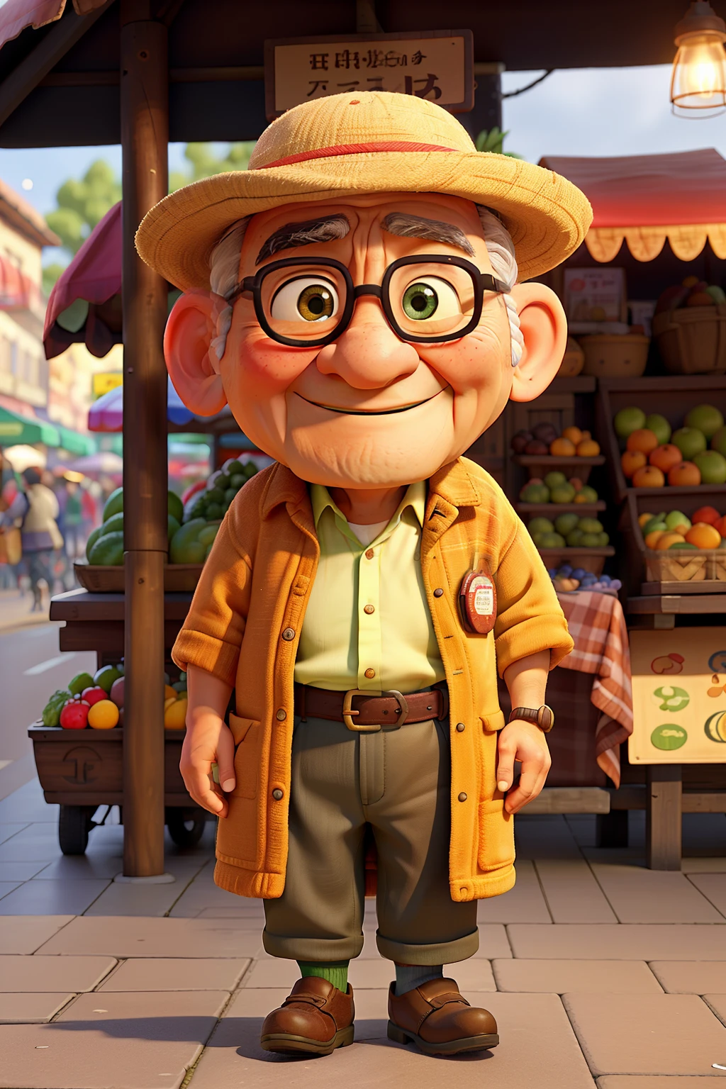 In a bustling city marketplace, an elderly vendor, dressed in colorful traditional garments, sits on a plush mat at the entrance of his stall. His wise, wrinkled face is illuminated by the soft, warm glow of a nearby oil lamp. The wicker roadsides around him are piled high with fresh fruits and vegetables, their vibrant hues popping against the muted, rain-soaked background. Surrounded by the sounds of haggling and the daily bustle of the market, his face expresses a deep sense of contentment and experience. This three-dimensional scene invites you to step closer, feeling the texture of the produce and the authenticity of his presence,
