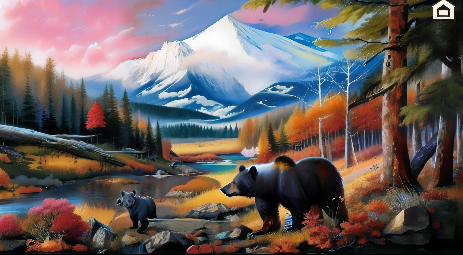 A painting depicting a bear and a cub in the forest，The background is a mountain, 雄伟的nature风光, 美丽的大nature, Detailed beautiful animals, nature, Autumn mountains, landscape artwork, majestic painting, landscape art detailed, really 美丽的大nature, Warm and beautiful scene, 令人驚嘆的nature背景, nature, Scenic mountain setting, Beautiful scenery, Beautiful and detailed scenes, animal painting