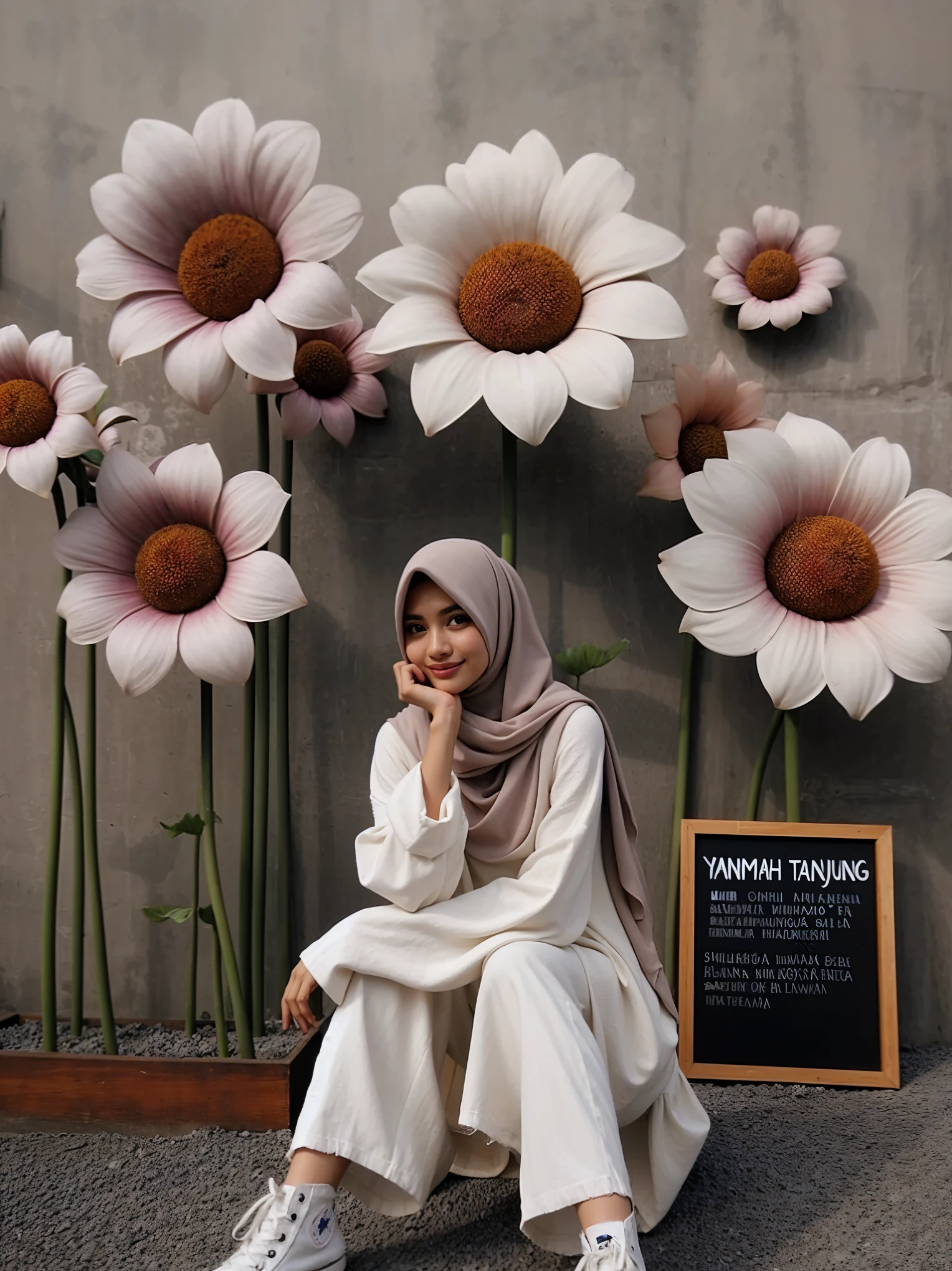 there is a woman standing in front of a display of flowers, white hijab, hijab, with flowers, in garden, ๐๐น๐พ, inspired by Naza, โ๐ช๐๐ฉ๐พ, flowers in background, taken in 2 0 2 0, inspired by Fathi Hassan, aesthetic!!, in pastel colors, an aesthetic!, smooth in _ the background