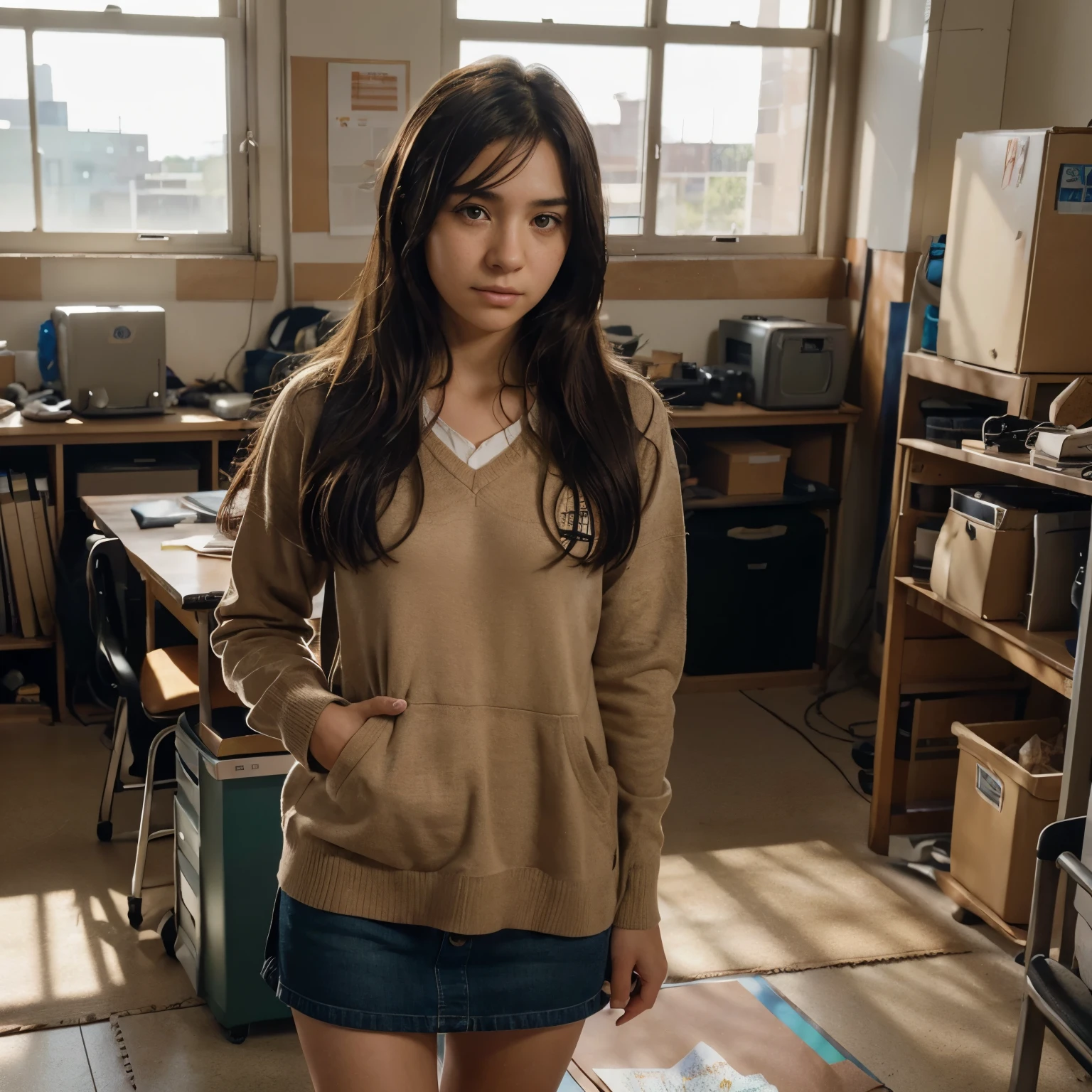 Stable Diffusion prompt:
A short-statured Kibougamine Academy student (1.49m) with dark skin and a disheveled, tired appearance, representing the ultimate unlucky student and being friends with Hajime Hinata and Nagito Komaeda. (best quality, 4k, highres, masterpiece:1.2), ultra-detailed, (realistic, photorealistic, photo-realistic:1.37), detailed eyes and face
Additional details: Messy hair, exhausted expression, casual , standing in a classroom setting with scattered papers on the floor and sun rays shining through the window.
Art style: Portraits
Color tone: Warm earthy tones
Lighting: Soft natural light