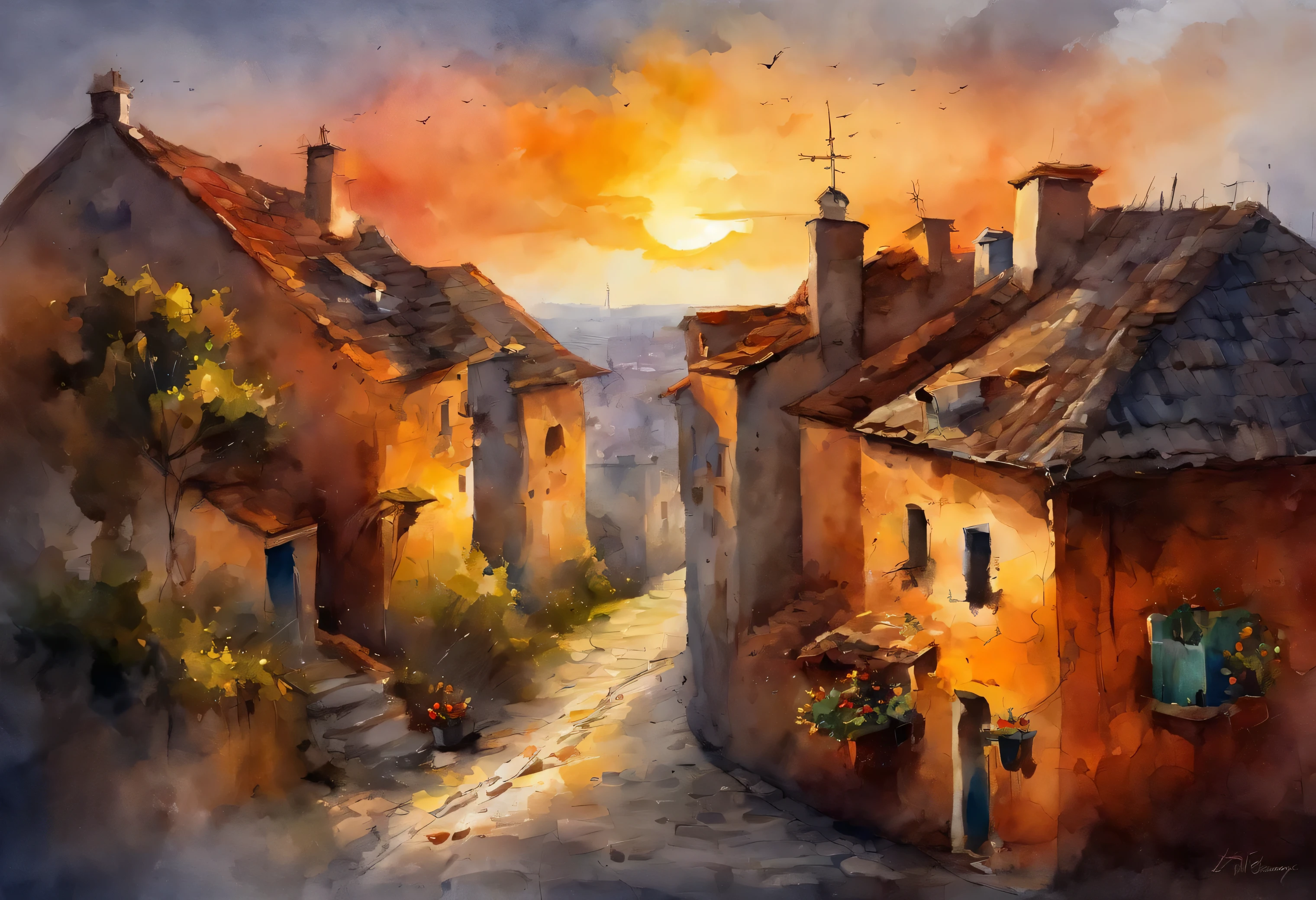 silhouette of a lovely couple sitting a roof watching the sunset, town scenery background artwork painting and spray paint effect, by Eugeniusz Zak, watercolor art, by Károly Lotz, watercolor painting, watercolor painting style, watercolor detailed art, by Reuben Tam, watercolor digital painting, watercolor paint, masterfully detailed watercolor, watercolor art, Grzegorz Rutkowski