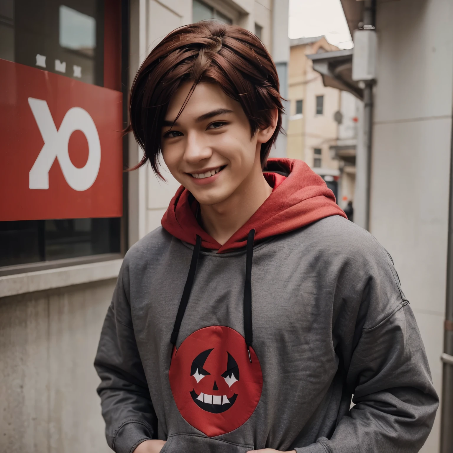 A anime boy wearing a red hoodie and a dark gray short pant, have a red dark hair with "XD" Shape hair pin. And he is smiling