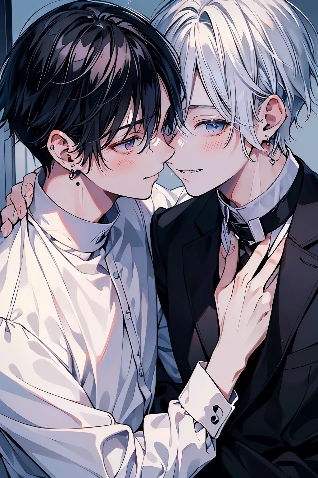(muste piece), (best quality), very detailed, ((two men intimate)), perfect face, beautiful face, very detailed顔,(black haired man:1.3),(white haired man:1.3),suit,shirt,smile