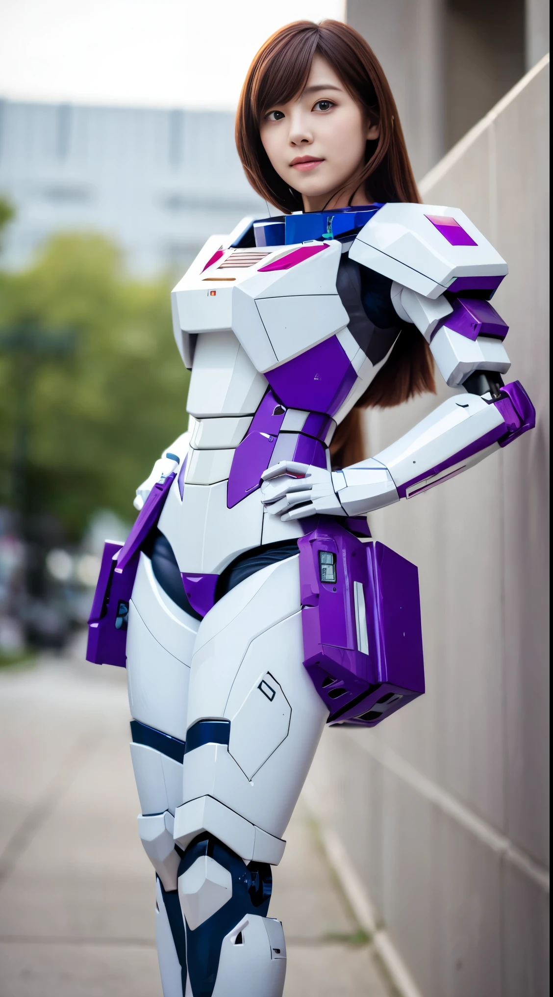 RAW, Masterpiece, Ultra Fine Photo,, Best Quality, Ultra High Resolution, Photorealistic, Sunlight, Full Body Portrait, Stunningly Beautiful,, Dynamic Poses, Delicate Face, Vibrant Eyes, (Side View) a close up of a woman in a pink and white gundam custume, dybamic pose, long brown very very very long long hair rapunzel, girl in mecha cyber armor, portrait armored astronaut girl, d. va from overwatch, female mecha, on a gundam, gundam head, chiho aoshima color scheme, mobile suit, streamlined purple armor, fully robotic!! girl, realistic cosplay, gundam armor (dynamic pose) (best cameraview), full body, sit down