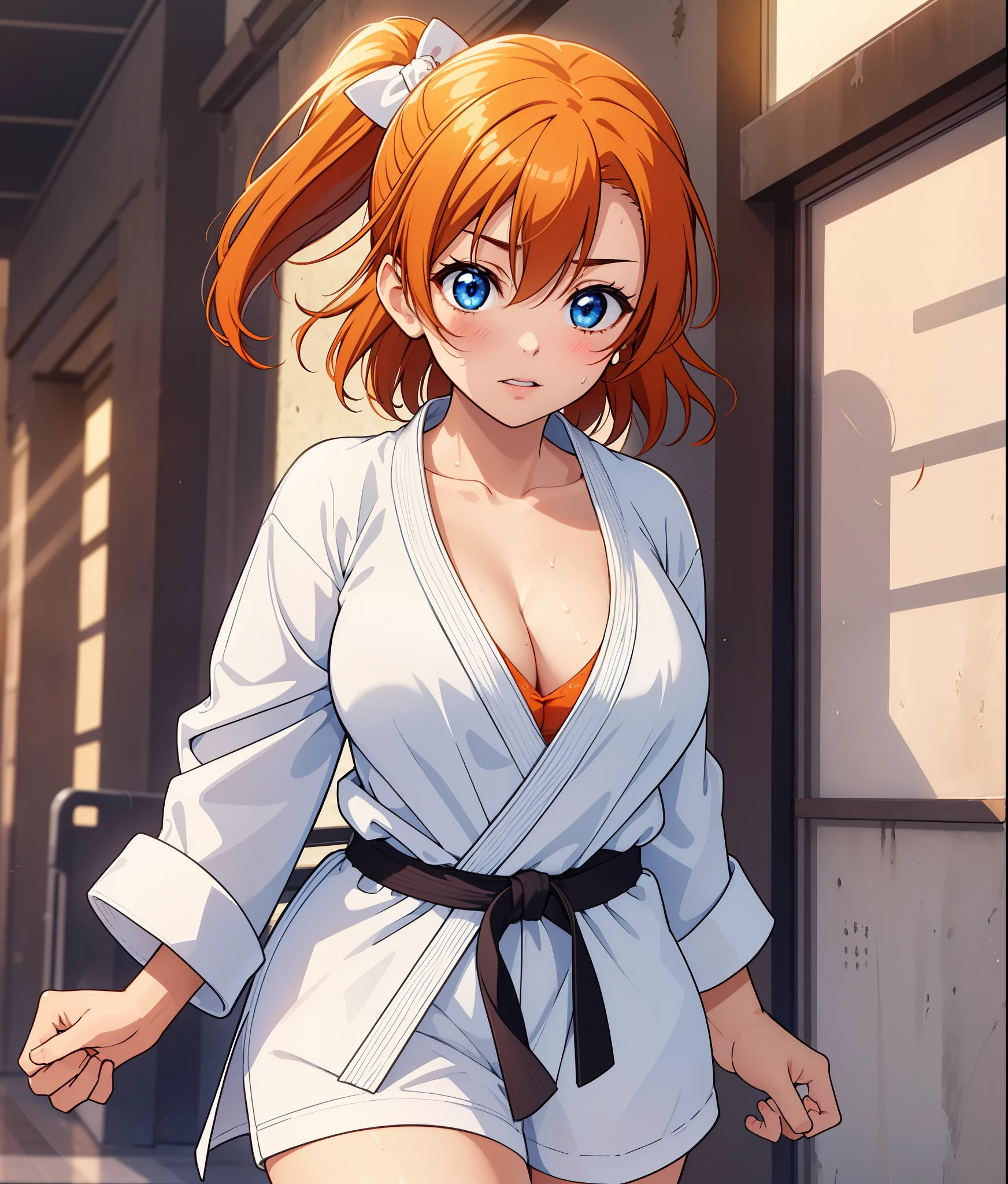 (Masterpiece, Best Quality, High Quality), volumetric lighting, illustration, beautiful, curvy body,perfect lighting, perfect shadows, (breathtaking scenery:1.1), blushing, facing viewer, standing,Kousaka honoka, blue eyes, orange hair,karate gi,white clothes big breasts,no bra, cleavage, sweating