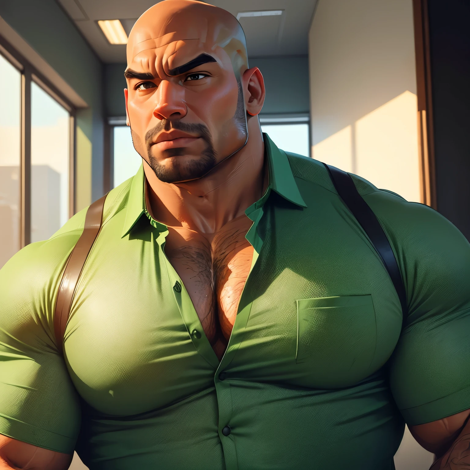 an exaggeratedly muscular and large bald bodyguard, beefy build, mixed race, (wearing green business casual shirt: 1.2), name tag, (bara pecs: 1.3), (arm and chest hair: 1.1), close-up portrait HD, bright corporate office with large windows