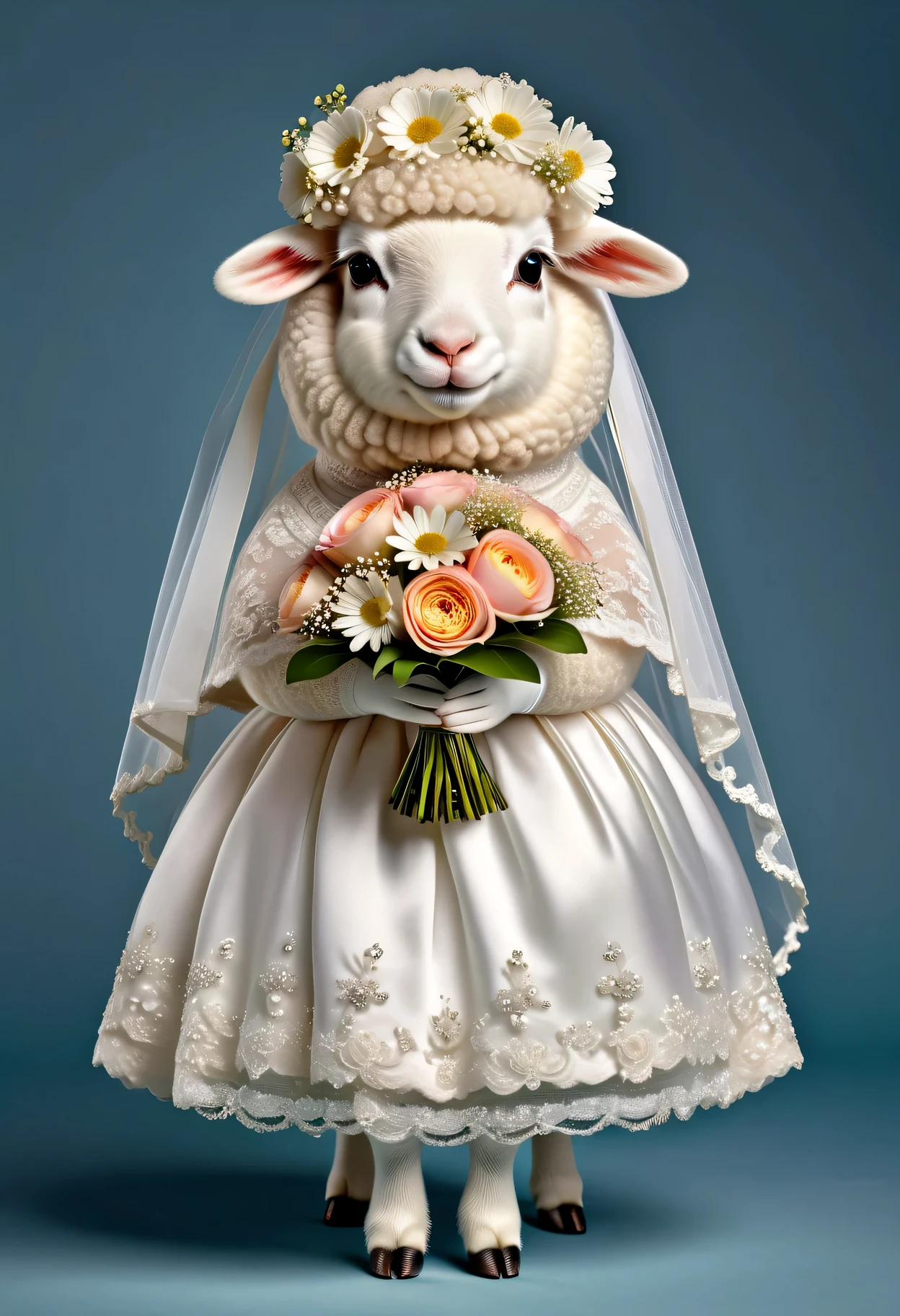 photorealistic portrait of Dressed animals - a ((fat)) cute sheep,(elegant pose:1.2 ),(from below:2.0), high quality,(lovely) ,intricate details, highly detailed (( wedding dress)) ,wearing highly detailed veil, highly detailed decorations ,holding flower bouquet, (happy), studio lighting,(full body image from head to toe:1.5)
