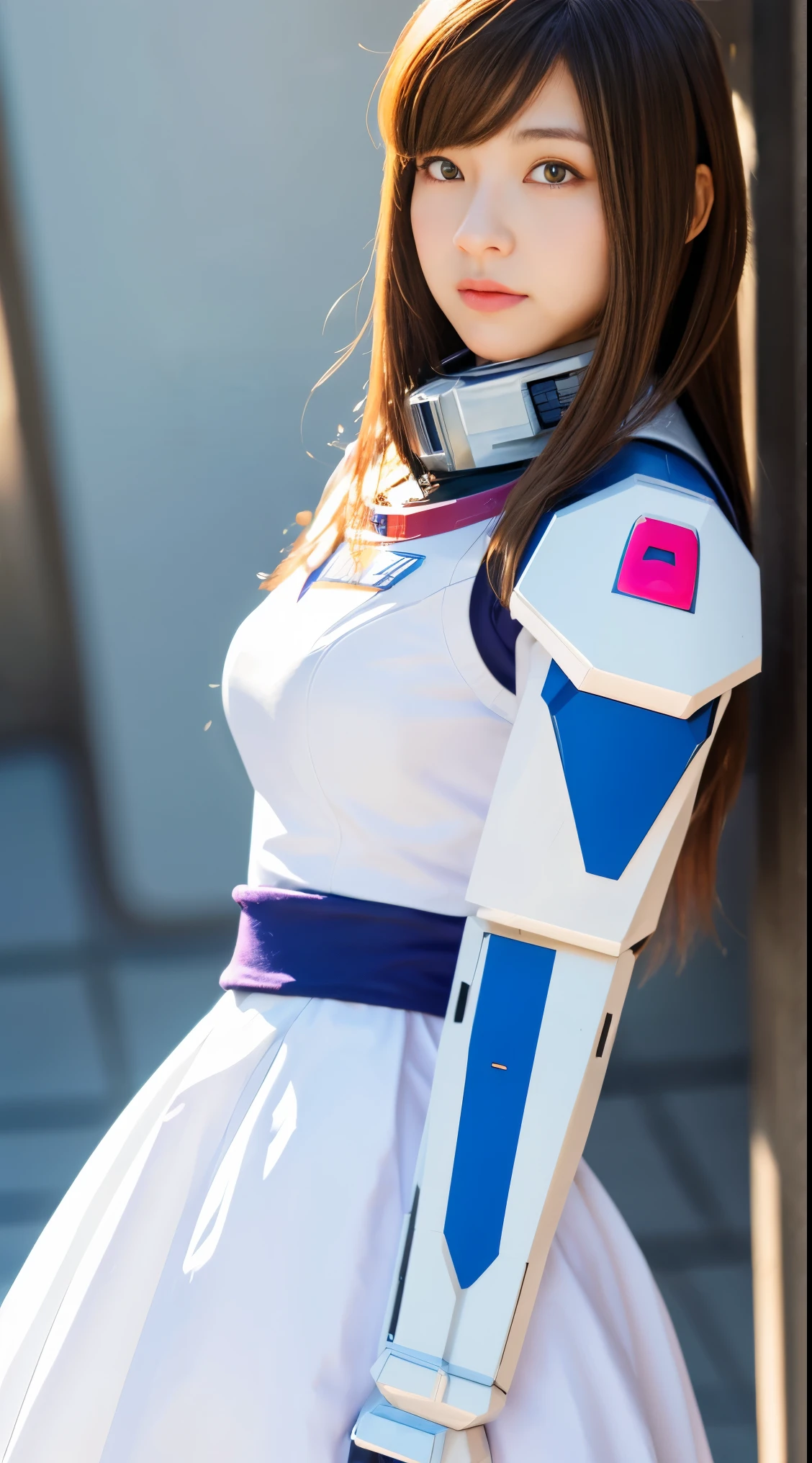 RAW, Masterpiece, Ultra Fine Photo,, Best Quality, Ultra High Resolution, Photorealistic, Sunlight, Full Body Portrait, Stunningly Beautiful,, Dynamic Poses, Delicate Face, Vibrant Eyes, (Side View) a close up of a woman in a pink and white gundam custume, dybamic pose, long brown very very very long long hair rapunzel, girl in mecha cyber armor, portrait armored astronaut girl, d. va from overwatch, female mecha, on a gundam, gundam head, chiho aoshima color scheme, mobile suit, streamlined purple armor, fully robotic!! girl, realistic cosplay, gundam armor (dynamic pose) (best cameraview), full body, sit down