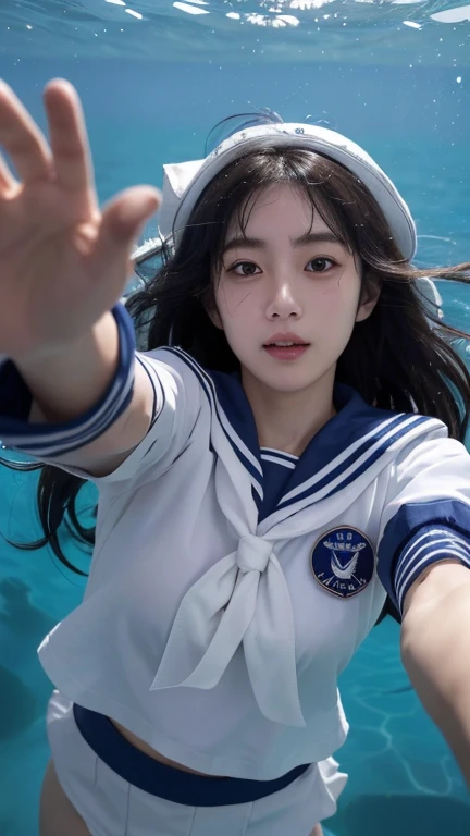 (perspective:1.3),Shirase Fuku,Sailor suit, white theme,Uniforms, Sailor suit, looking at the audience,  crazy, messy long hair, Beautiful and delicate eyes,hair glowing,dramatic angle,Blue sailor collar, perky breasts,faint smile,Partially underwater shooting...
