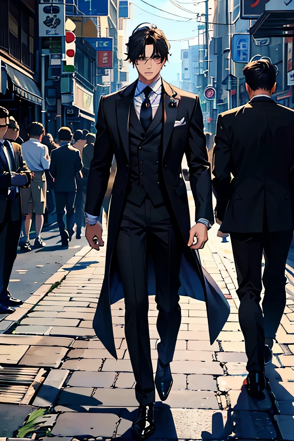 Realistic, (Best Quality, masutepiece: 1.3), Men, (in suit) (walking down the street)