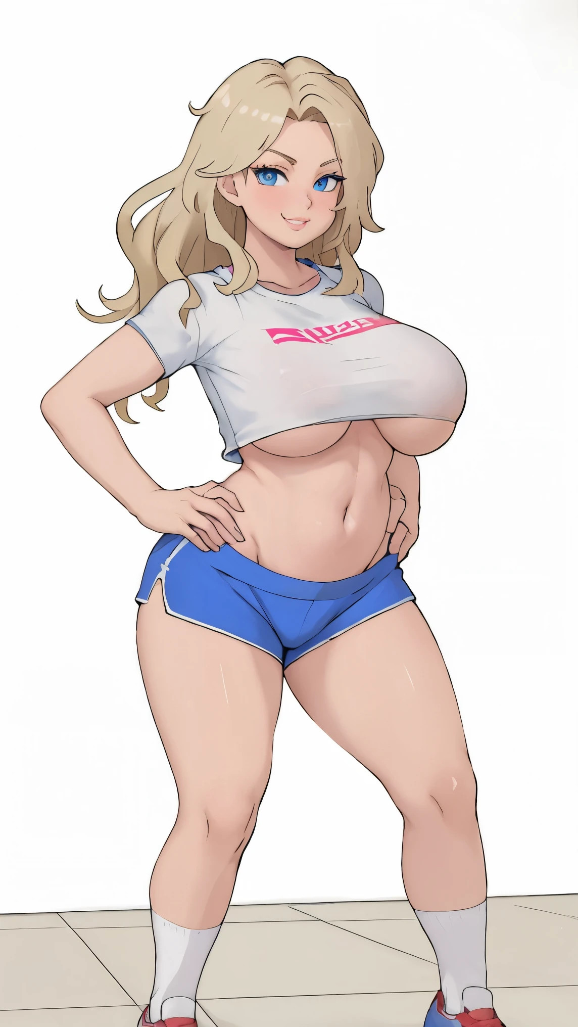 high detailed, masterpiece full body image of 1girl cartoon character, posing sexy, subtle smile, pouting, full lips, blonde hair, wavy hair, blue eyes, perfect hands, big breast, wide hips, thick thighs, pink tshirt, crop top, blue shorts, sport socks, sport shoes, simple scene, white background, white wall, shinny floor, white floor