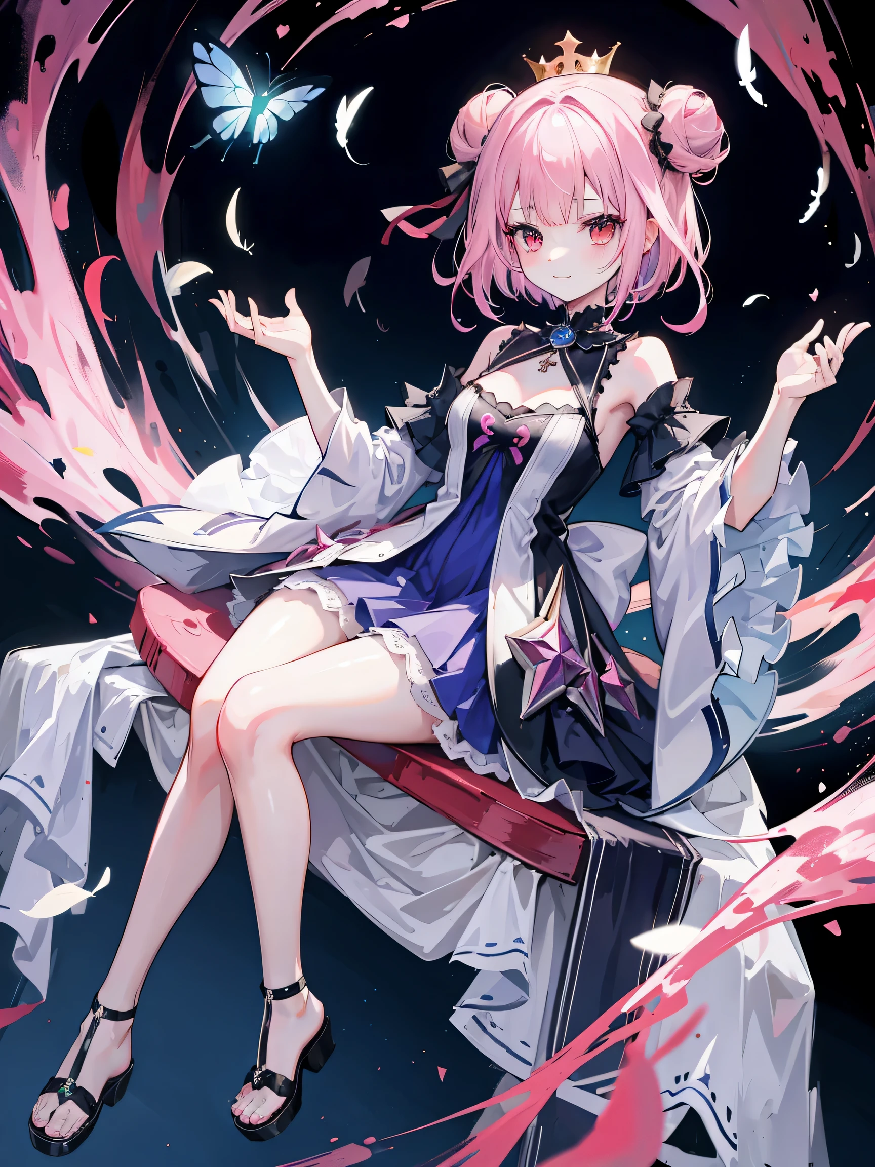 {moist feathers(Hololive)}, 1 girl, {short hair}, double bun hair, Two-sided ribbon, {light pink hair}, {red eyeaster piece、highest quality、with an evil smile、{Demon King}、{full body esbian}、throne、ambition、aura of darkness、Blue-winged butterfly、dark blue dress、Demonic world、