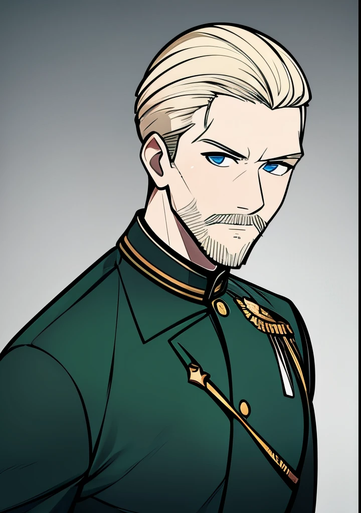 Young Adult male, white and tender skin, pale blonde slicked back combed short hair, kaisermustache, ducktail beard, steel blue eyes, green and slightly mature, serious and emotionless facial expression,wearing world war 2 era german fatigues, portrait style, facing forwards