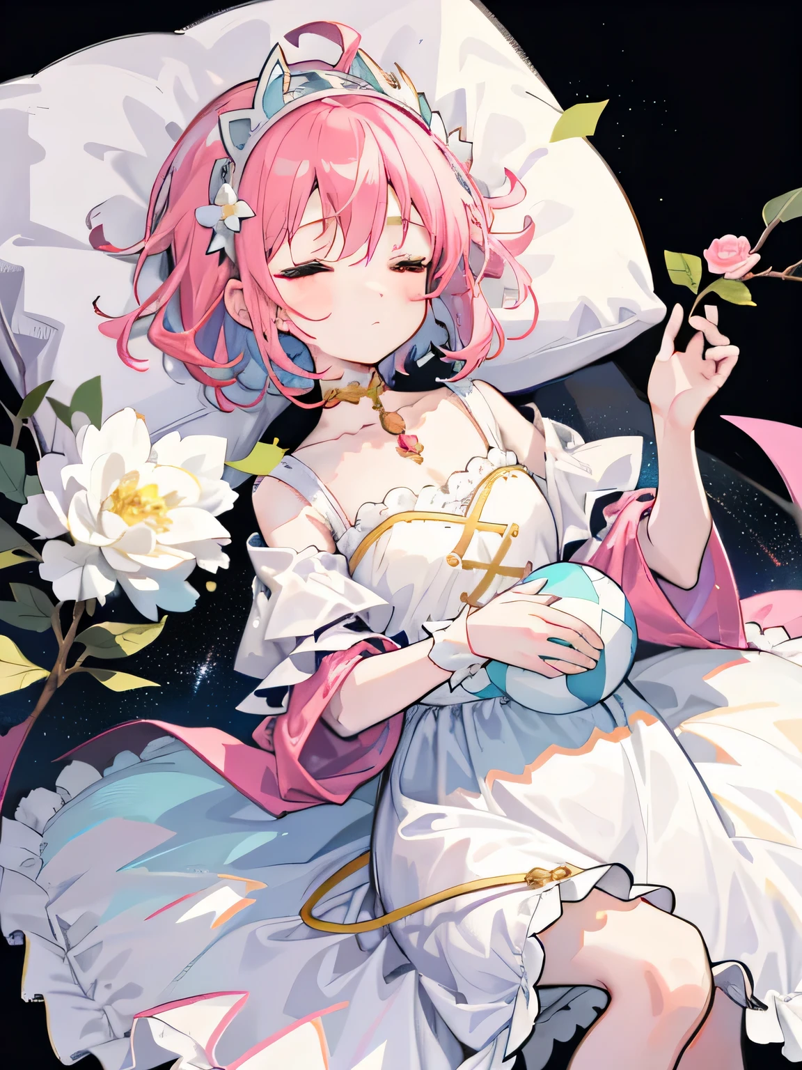 master piece，best quality，1 girl，make it a little rounder， round god，solo，The end of the pink hair is Xu々becomes transparent to，transparent wings，white headband headdress，short hair and double ponytail，peaceful sleeping face,Sleeping with your head on a pillow，mitt，white long skirt，Lie down and sleep with your eyes closed，holding the earth，There are many flowers around the space background，Vertical paint effect，(kbxll:0.6