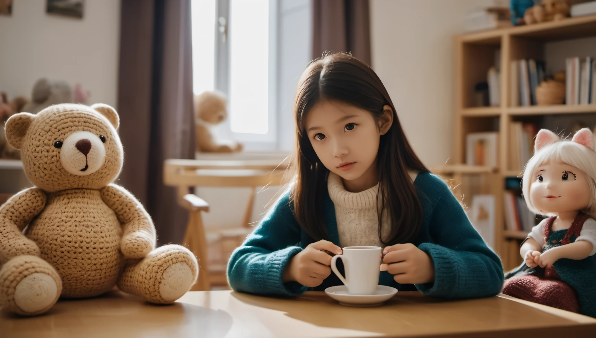 cinematic photo style by Araki, 1 girl with long hair along with a woman 50 years old with short blond hair, girl crocheting knitted toys while sitting in a deep chair, Group portrait, against the background of a white wall of children's drawings and a window with curtains, on a wooden table there is one white mug full of tea, books, Late evening, lighting from lamps, film, bokeh, professional, 4k, highly detailed,