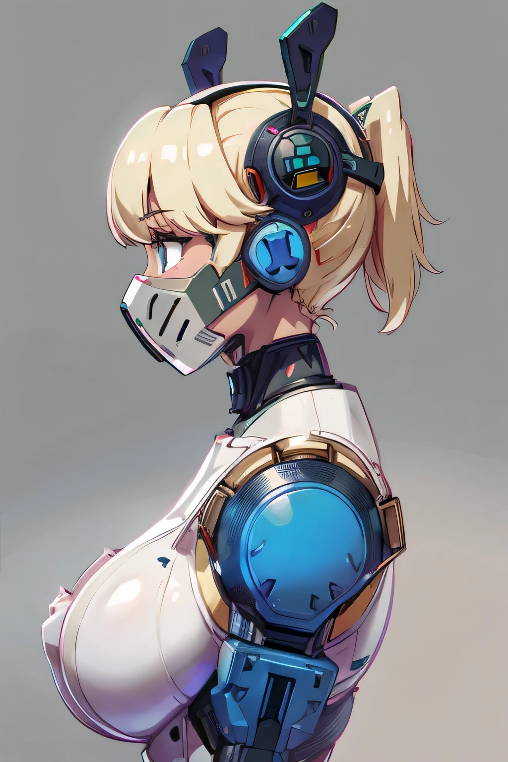 Girl, short yellow hair, blue eyes, is a robot, tempting medium-sized breasts, headphone