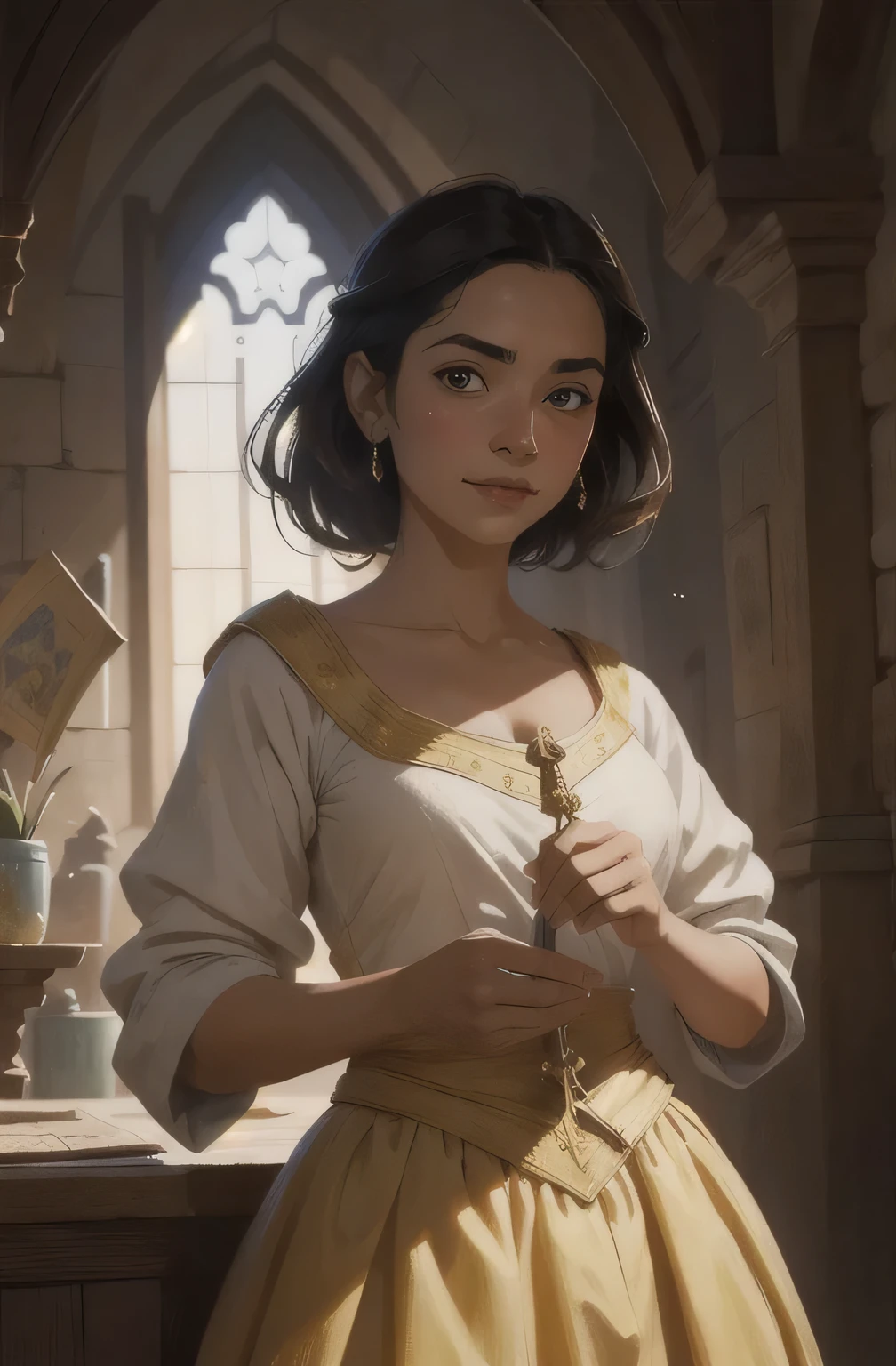 chica medieval, alegre, Esperanza, Retrato de primer plano, intrincado, elegant, volumetric lighting, escenario, Pintura Digital, muy detallado, art station, sharp focus, illustration, arte conceptual, ruan jia, steve mccurry