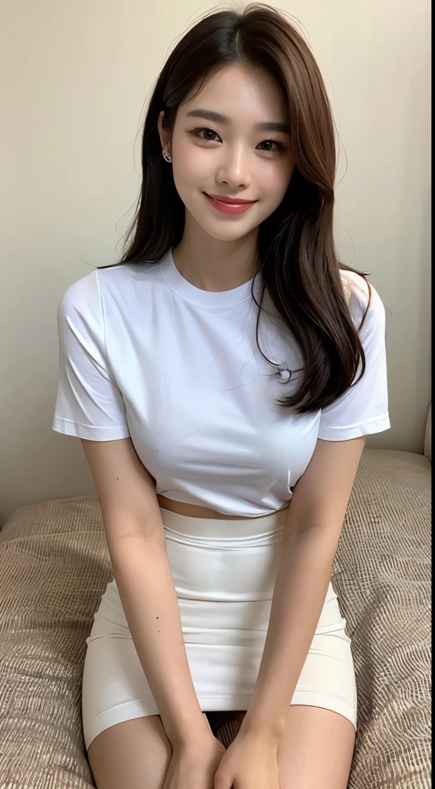 white tight shirt、white tight mini skirt、bed、smile、short sleeve、high resolution、Korean idol face