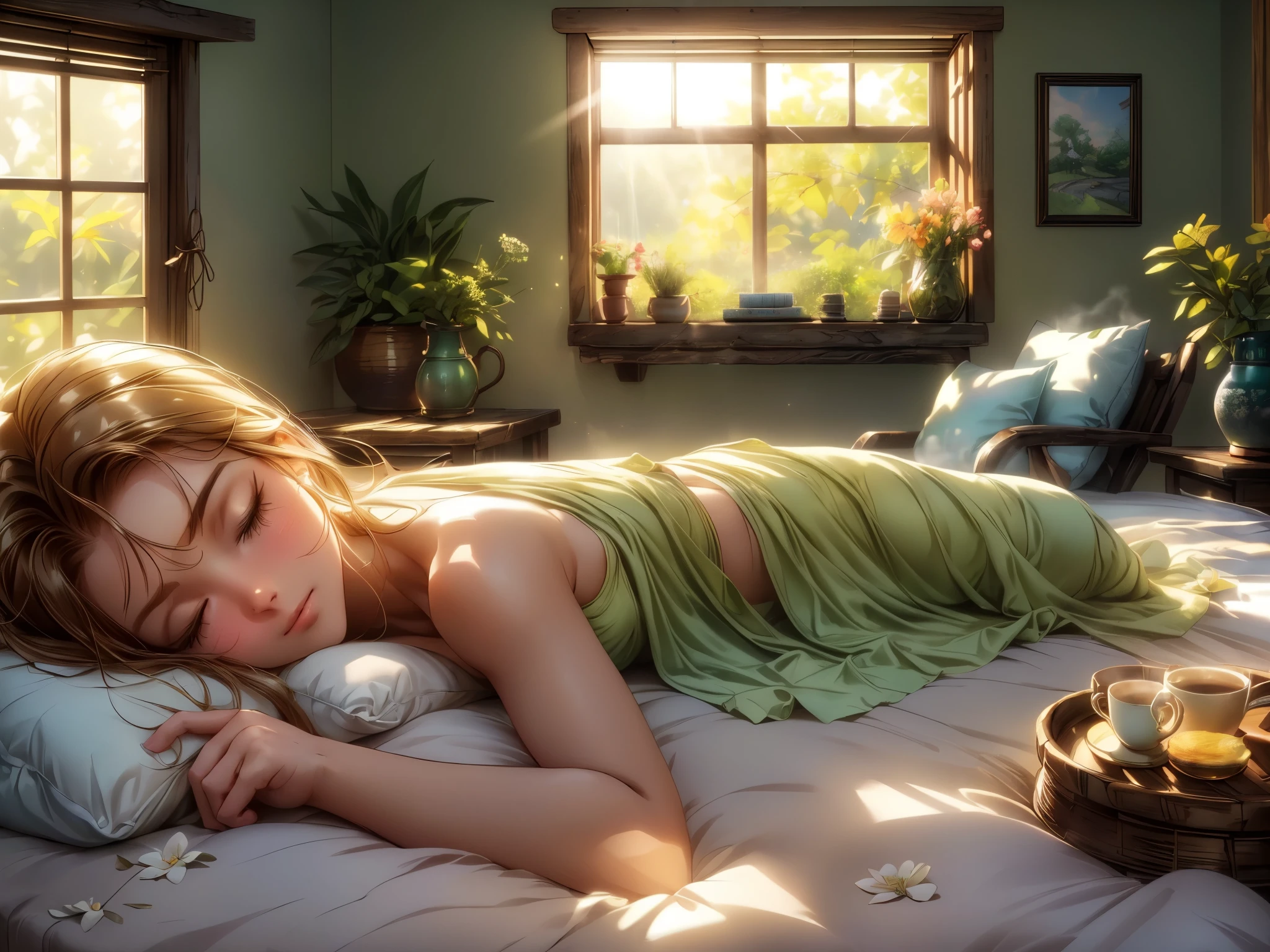 (best quality,highres,ultra-detailed),a girl drinking coffee on the bed in the morning sunlight coming in from the window,illustration,soft pastel colors,beautiful detailed eyes,beautiful detailed lips,flowing long hair,sunlight casting a warm glow,peaceful and serene atmosphere,comfortable and cozy bedroom,floral patterned sheets and blankets,coffee cup with steam rising,relaxed posture,sun rays filtering through the curtains,gentle breeze,quiet and calm surroundings,colorful flowers in a vase on the bedside table,vibrant green plants in the room,sparkling sunlight reflecting on the coffee cup,enjoying a moment of tranquility and relaxation.