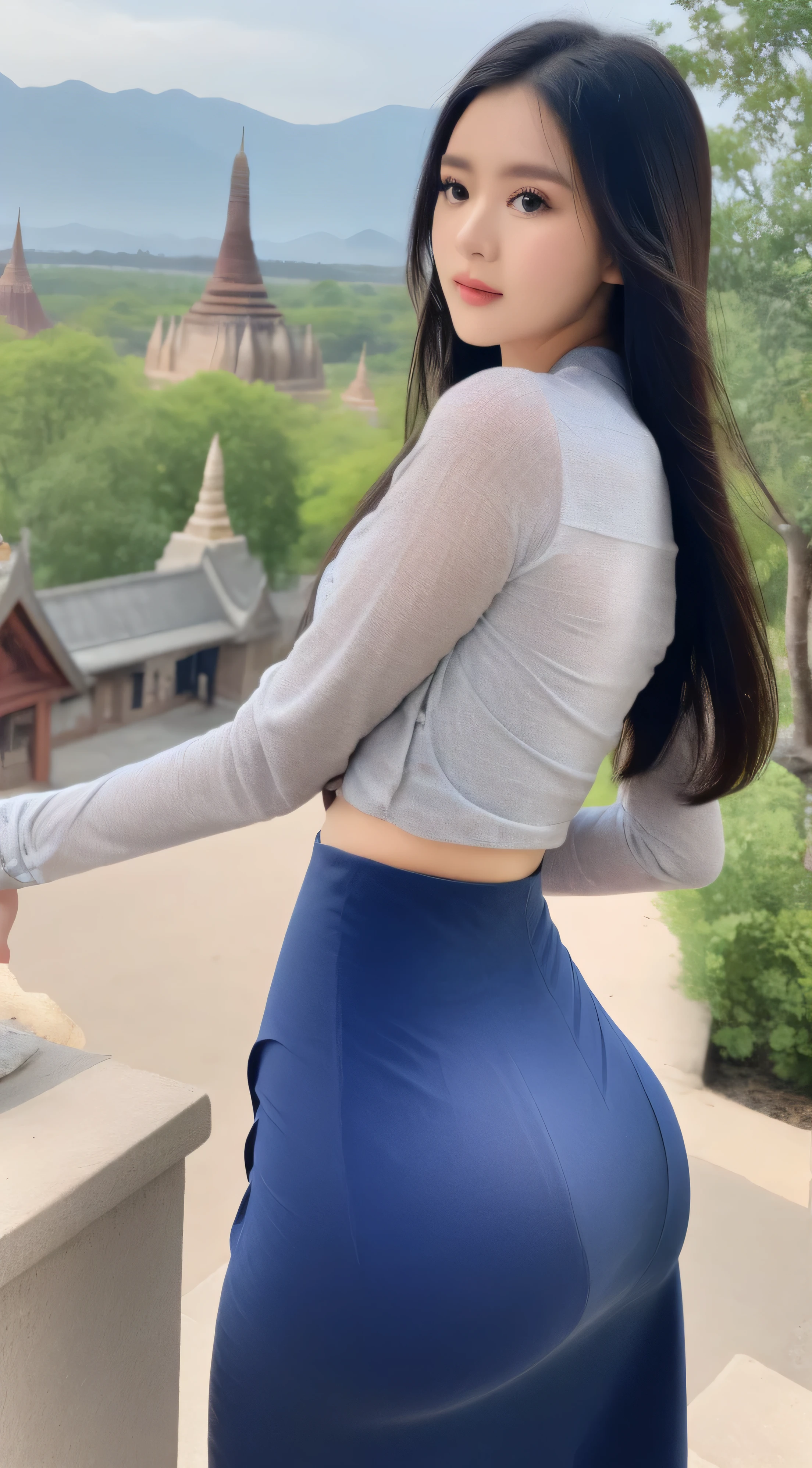 (masterpiece, best quality , high resolution:1.2), (photo realistic:1.2), (intricate and beautiful:1.2) , detailed light, bright light, (colorful and dynamic angle), upper body shot, fashion photography, 1 girl, acmm ls outfit, wearing acmm top, white acmm top, long sleeves, wearing acmm long skirt, dark green acmm long skirt, printed skirt, posing for photo, long straight hair, teasing look, gazing with a playful and teasing expression, igniting curiosity and attraction, attractive, outdoors, scenery, traditional media, sky, day, photo background, real world location, architecture, nature, ruins, landscape, bagan ancient pagoda background,big ass,widest hips,tight skirt wrapped around her hips, accentuate rounded ass, emphasize ass,widest hips, produding round ass,widest hips,