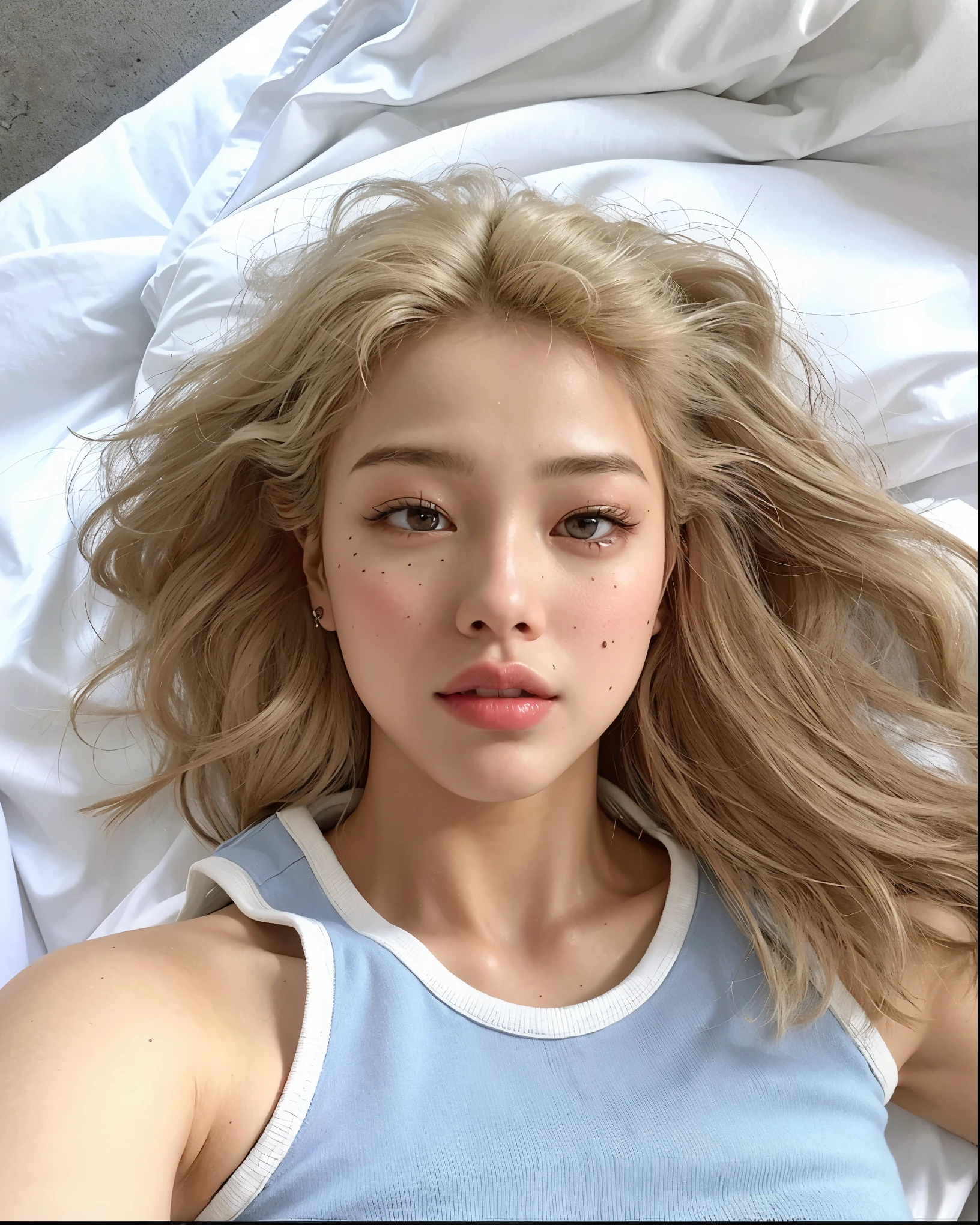 mulher loira deitada na cama com cabelos sardentos e blusa azul, parque roseanne de blackpink, pele clara cabelo loiro cacheado, sem maquiagem, Heonhwa Choe, taejune kim, jossi do blackpink, portrait of jossi do blackpink, jennie blackpink, linda mulher sul-coreana, jaeyeon nam, linda jovem coreana, pale round face