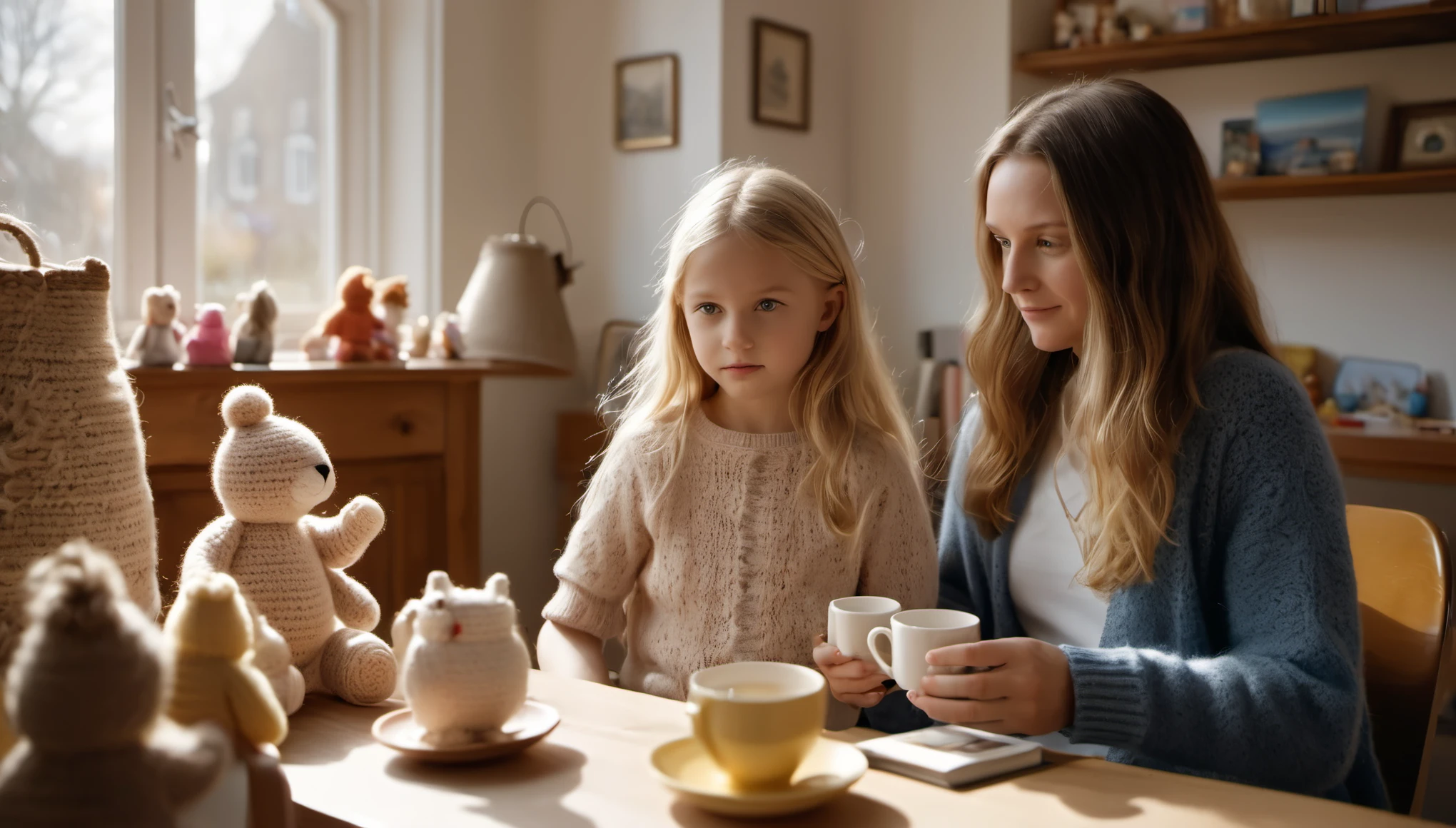 cinematic photo style by Simon Norfolk, 1 girl 14 years old with long hair along with a woman 50 years old with short blond hair, girl crocheting knitted toys while sitting in a deep chair, Group portrait, against the background of a white wall of children's drawings and a window with curtains, on a wooden table there is one white mug full of tea, books, the sun falls through the window, evening, film, bokeh, professional, 4k, highly detailed,