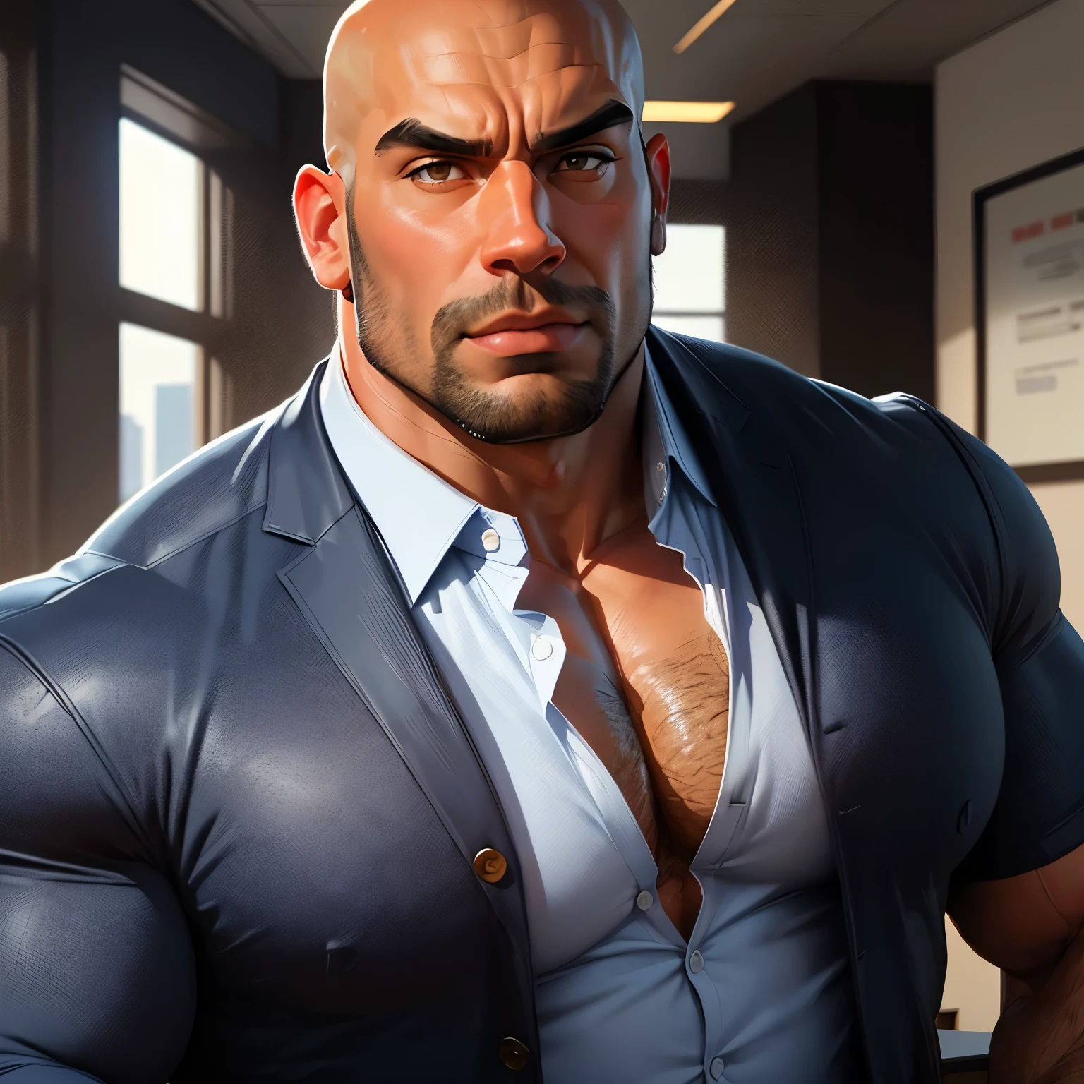 an exaggeratedly muscular and large bald bodyguard, beefy build, mixed race, (wearing navy business casual shirt: 1.2), name tag, (bara pecs: 1.3), (arm and chest hair: 1.1), close-up portrait HD, bright corporate office with large windows