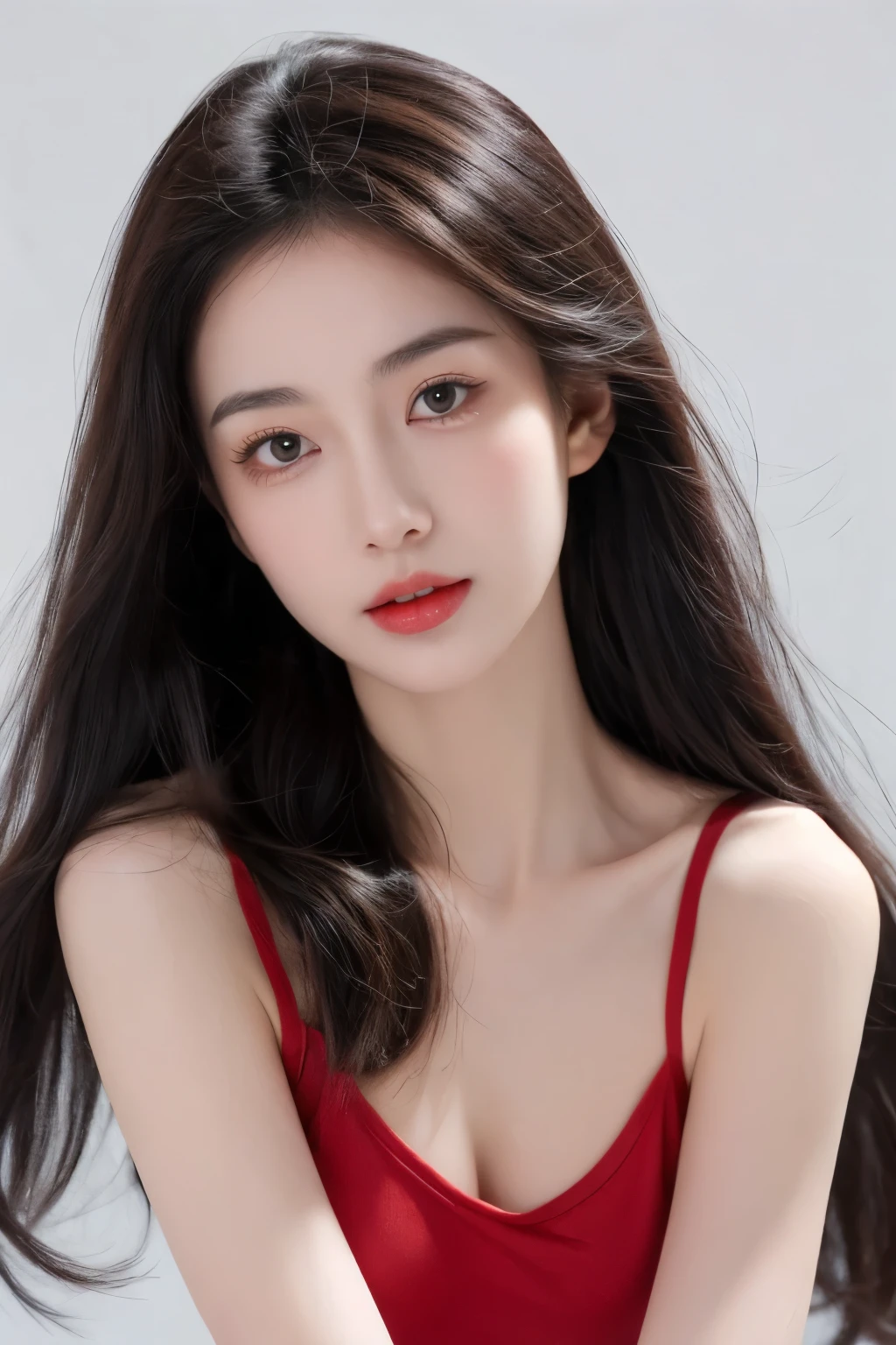 (lifelike,High resolution:1.3), A slim girl, The face shape and eyes are super delicate,black hair,red glossy lips,(pretty face), (best quality), (super detailed), (Extremely detailed CG unified 8K wallpaper),((Low-cut camisole vest)),(White background),(split),sexy look,big eyes,(permanent),(slim waistline),Teardrop-shaped breasts,Soft breasts,very realistic breasts,character-centered